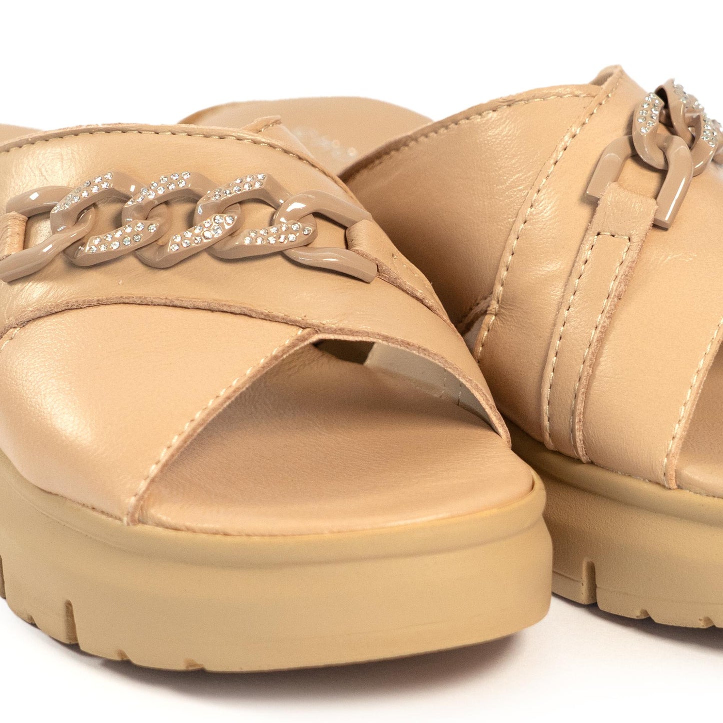 CIABATTA CATENA VERA PELLE BEIGE<BR/>