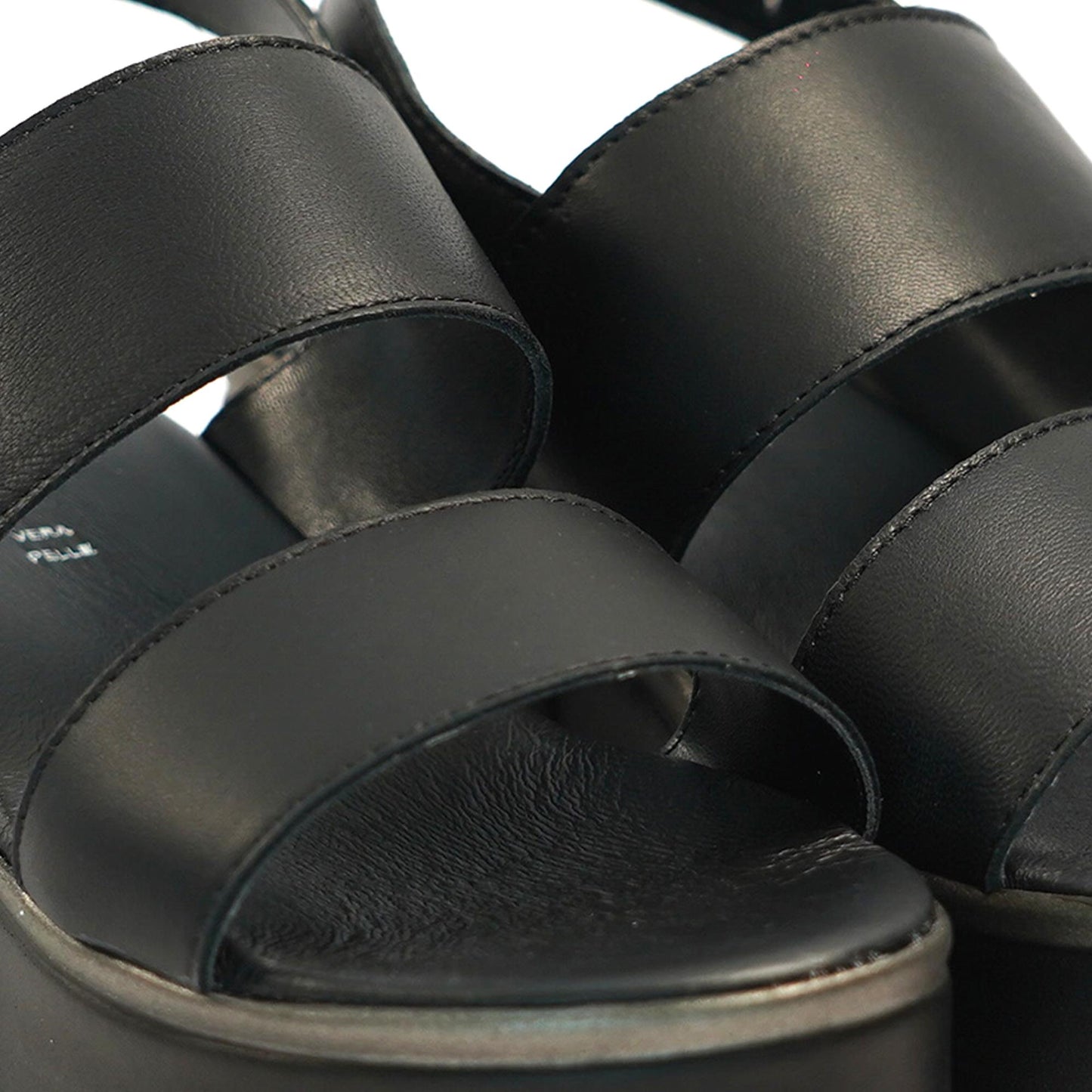 SANDALO DOPPIA FASCIA VERA PELLE NERO<BR/>