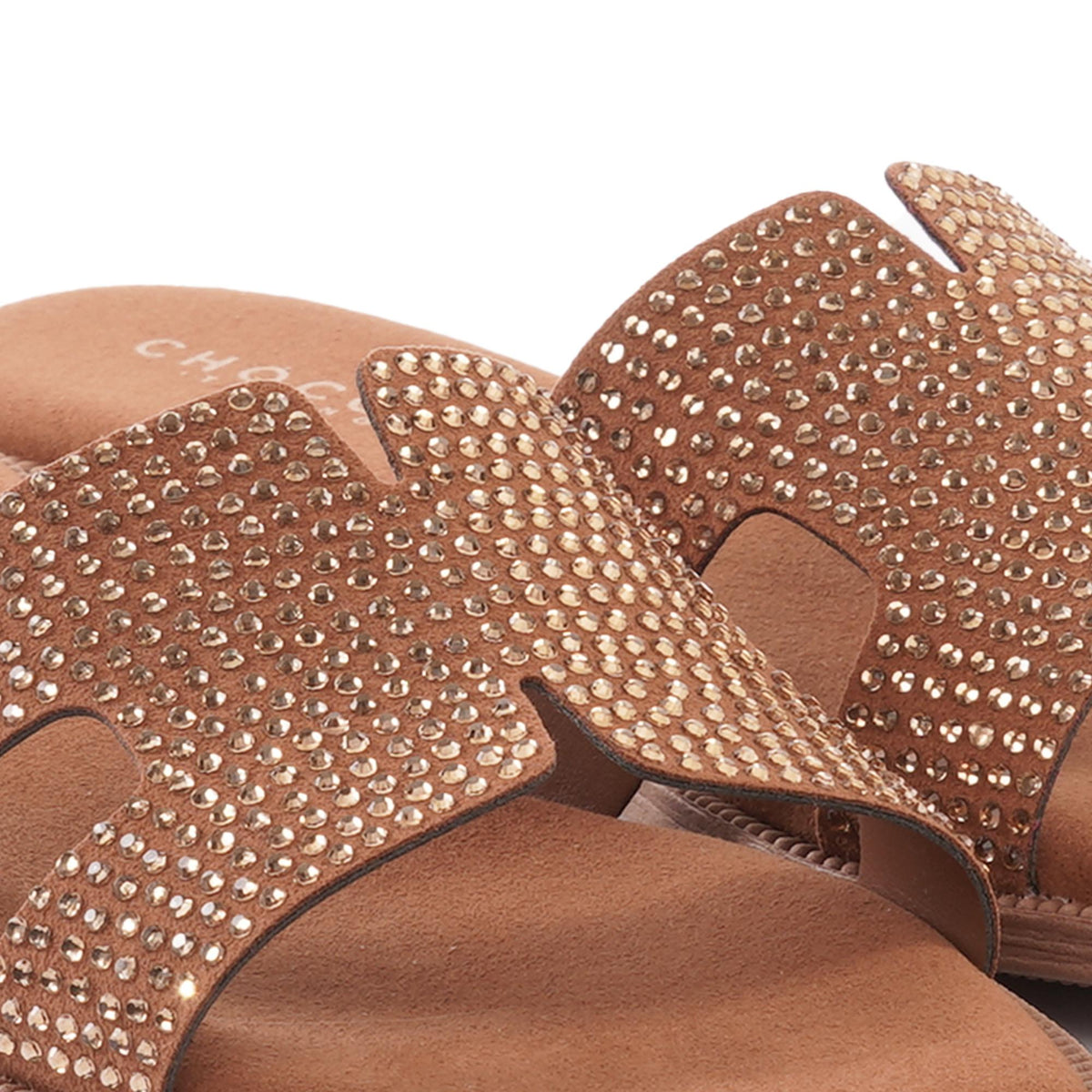 CIABATTINA H CON STRASS CUOIO<BR/>