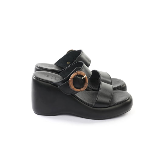 SANDALO ZEPPA DOPPIA FASCIA VERA PELLE NERO<BR/>