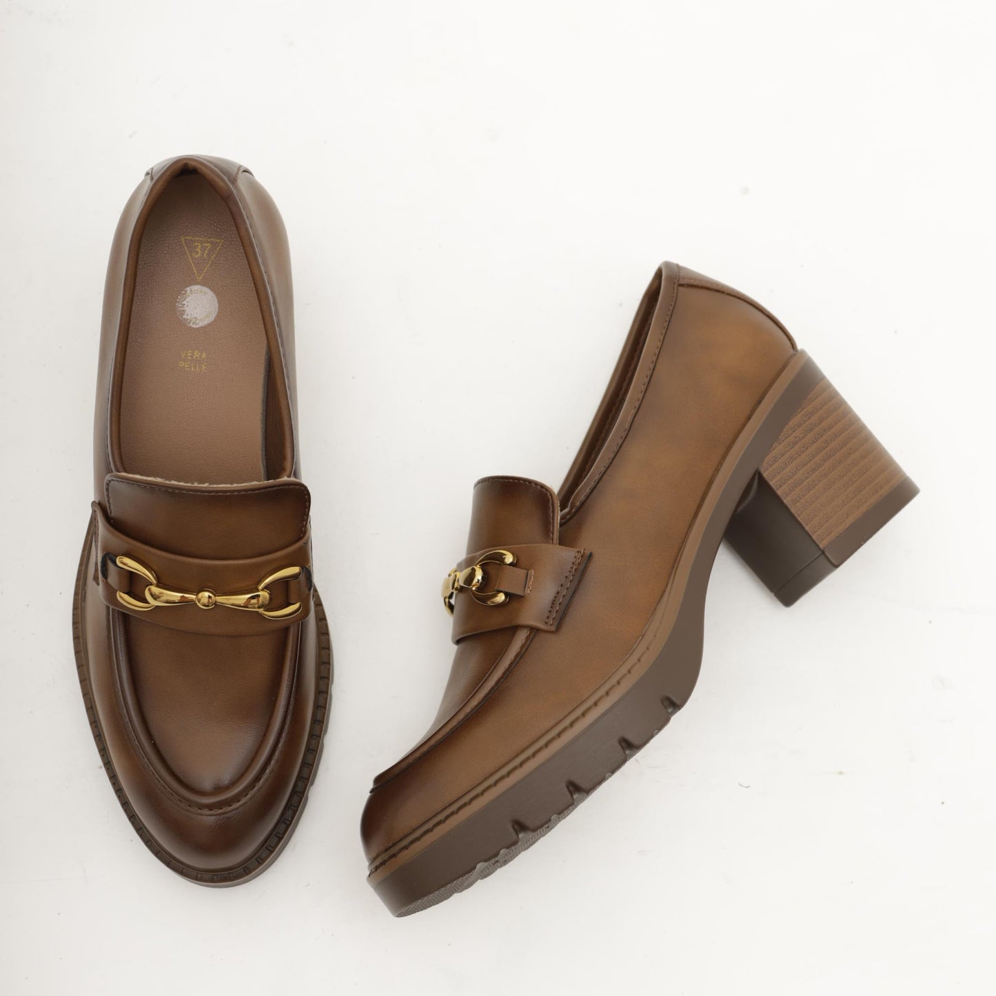 MOCASSINO CON TACCO E MORSETTO CUOIO