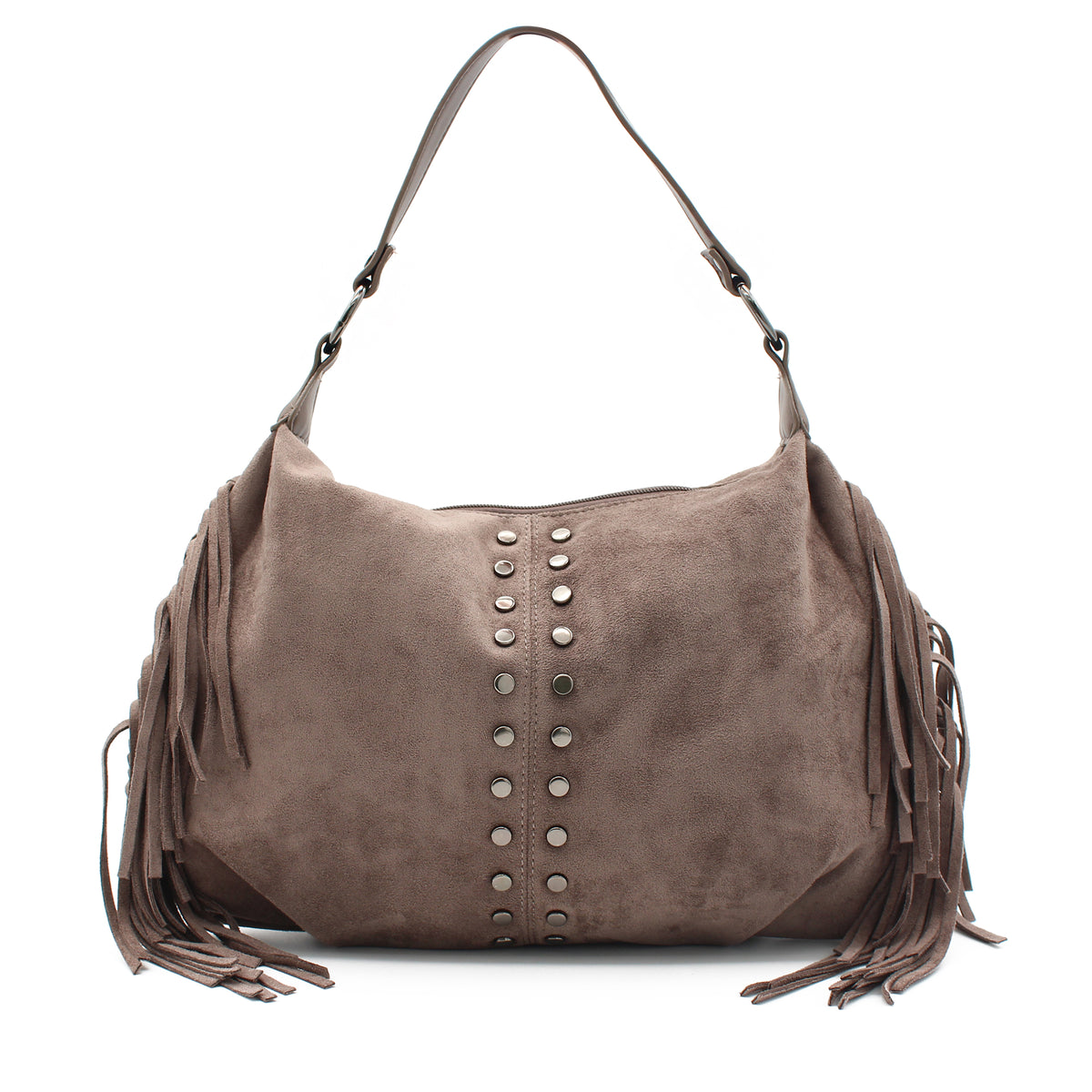 BORSA CAMOSCIO FANGO BORCHIE E FRANGE 