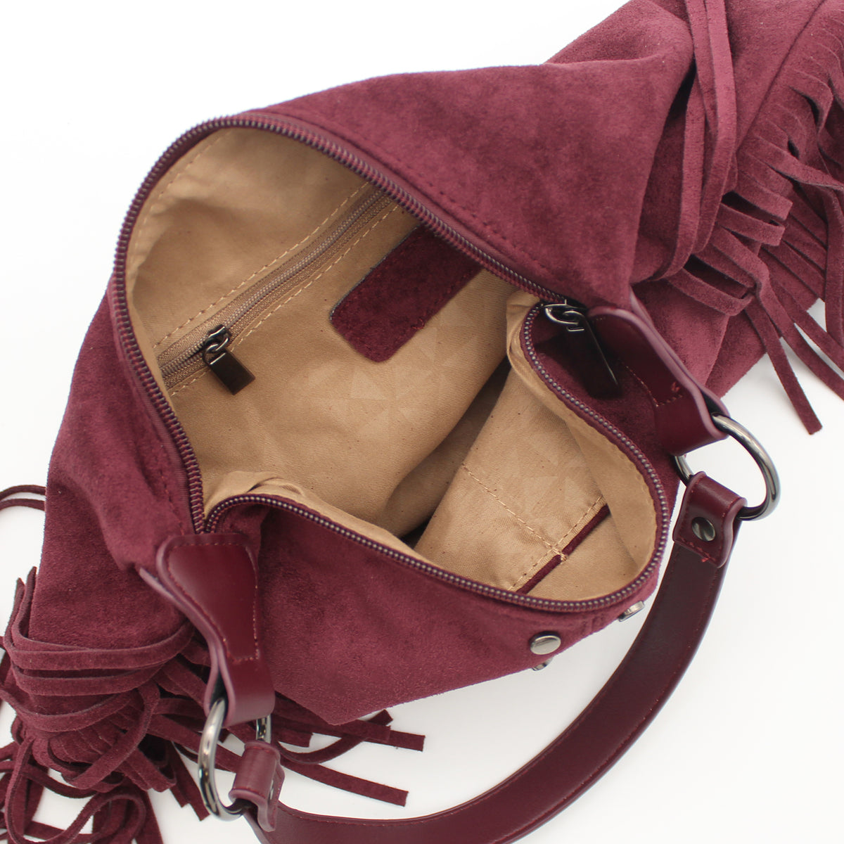 BORSA CAMOSCIO BORDEAUX BORCHIE E FRANGE 