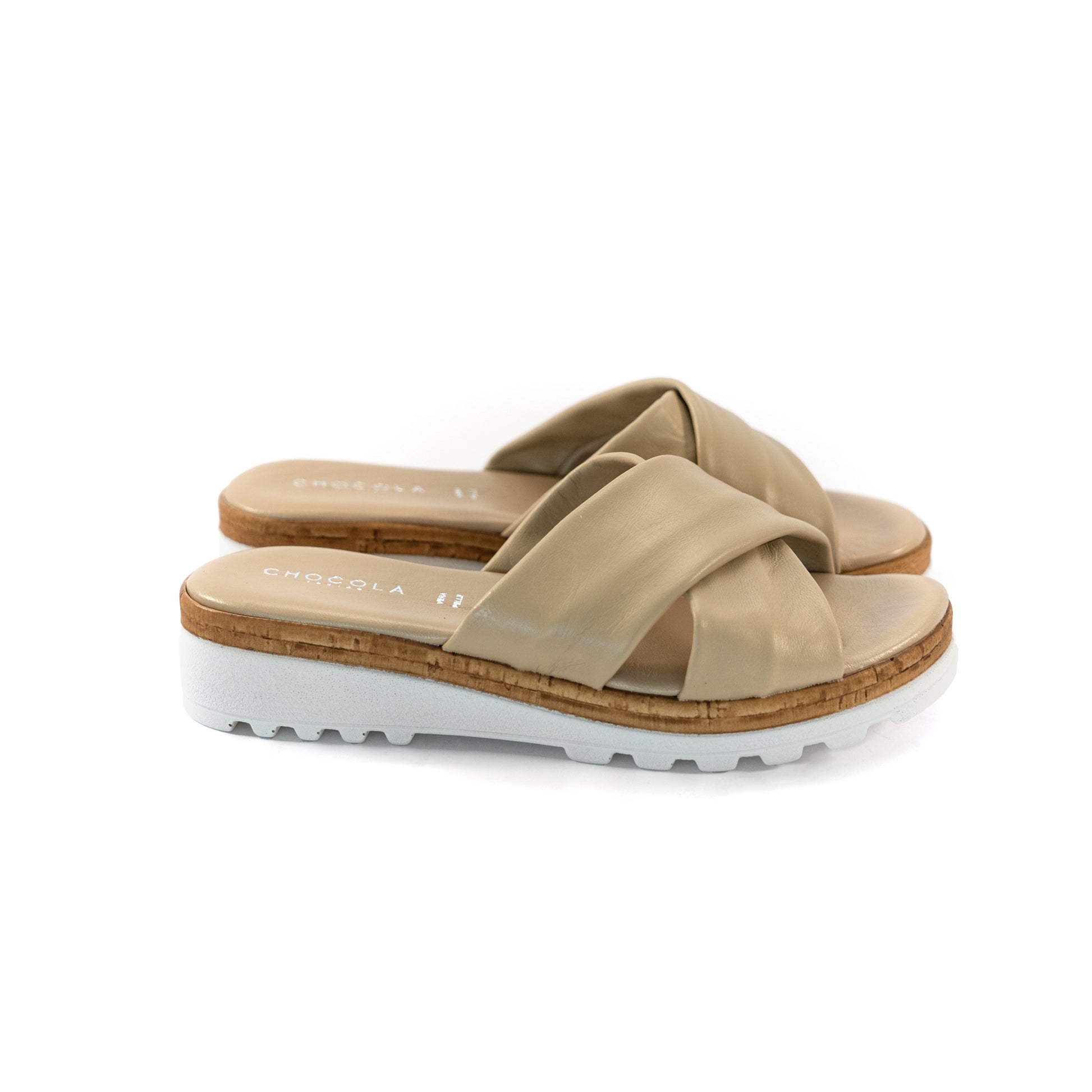 CIABATTA INCROCIATA VERA PELLE BEIGE<BR/> 