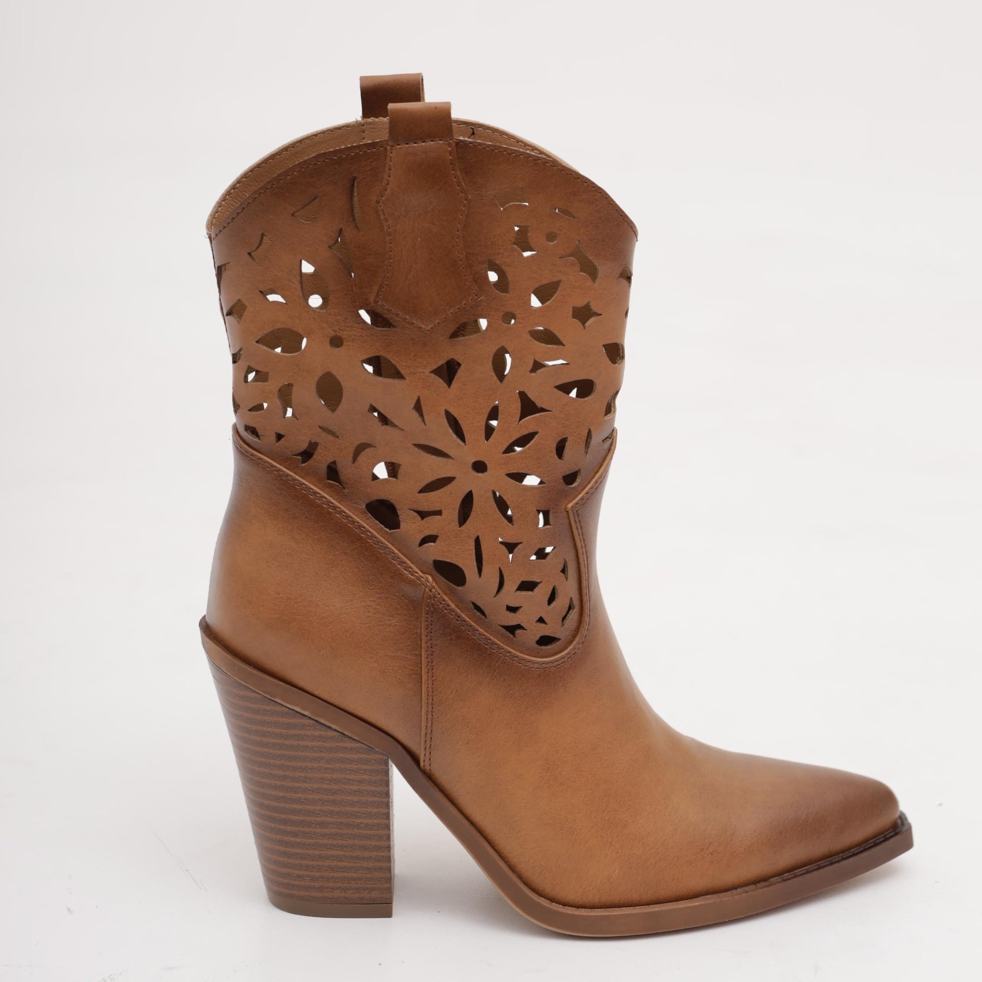 STIVALETTO TEXANO TRAFORATO CUOIO<BR/> 