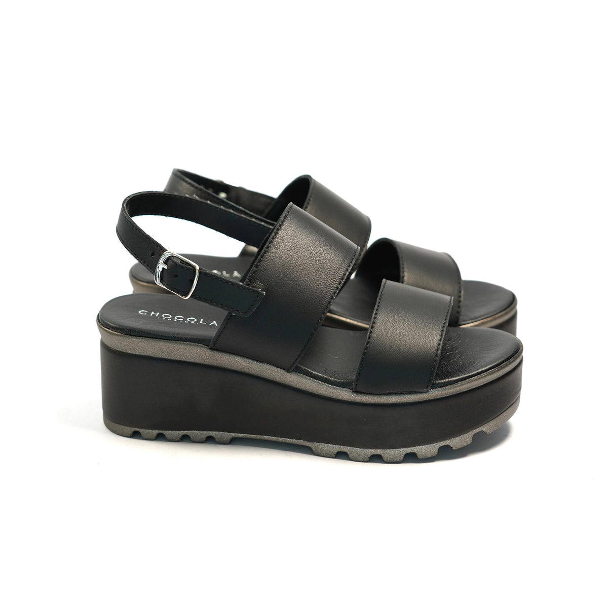 SANDALO DOPPIA FASCIA VERA PELLE NERO<BR/> 