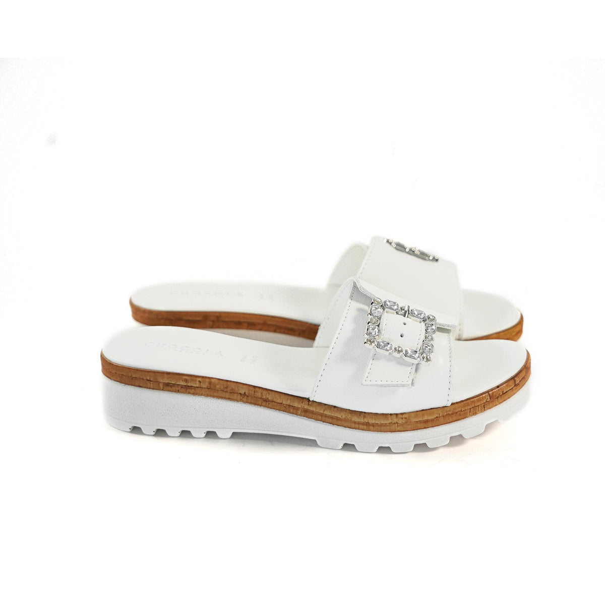 CIABATTA FIBBIA VERA PELLE BIANCO<BR/> 