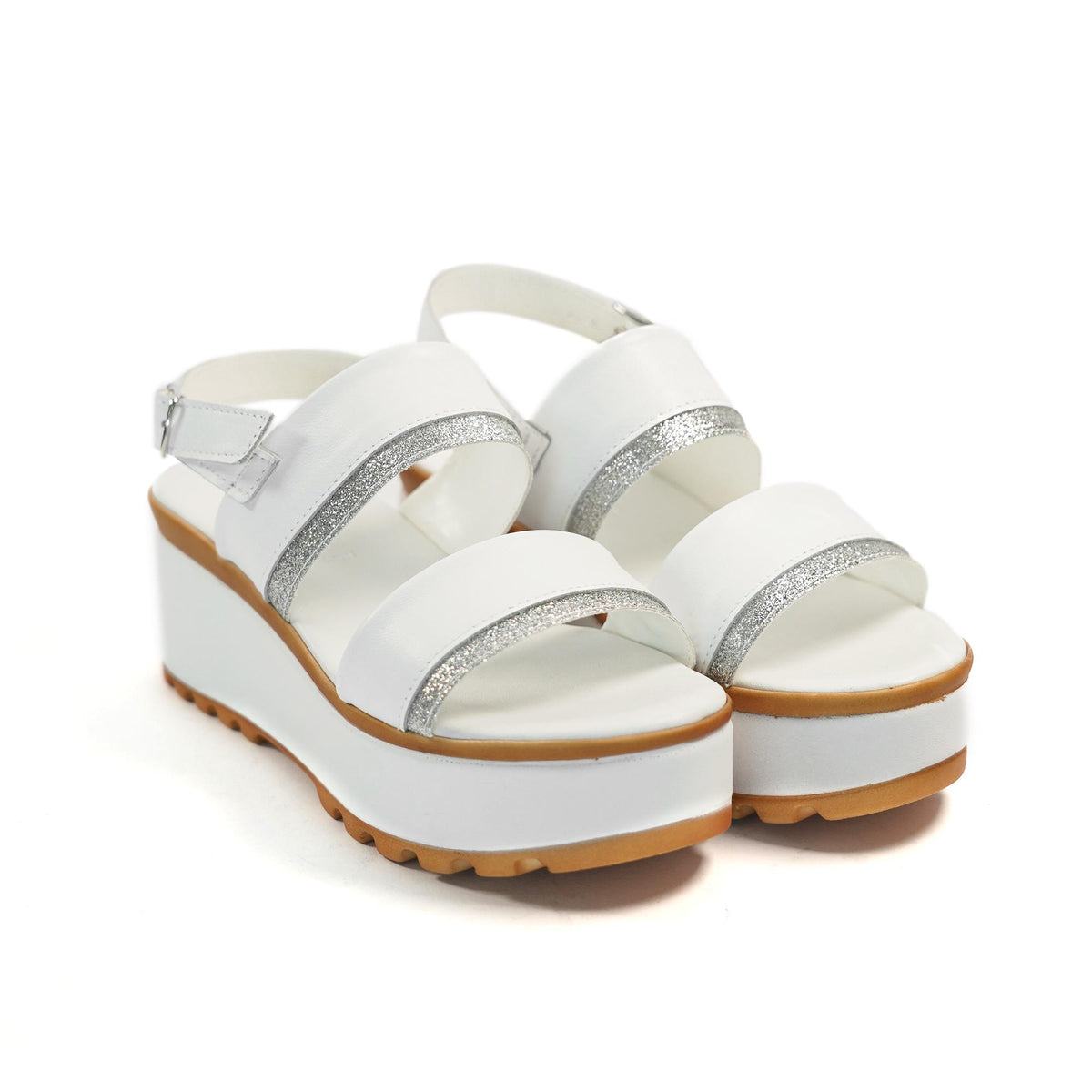 SANDALO DOPPIA FASCIA VERA PELLE SILVER BIANCO<BR/> 