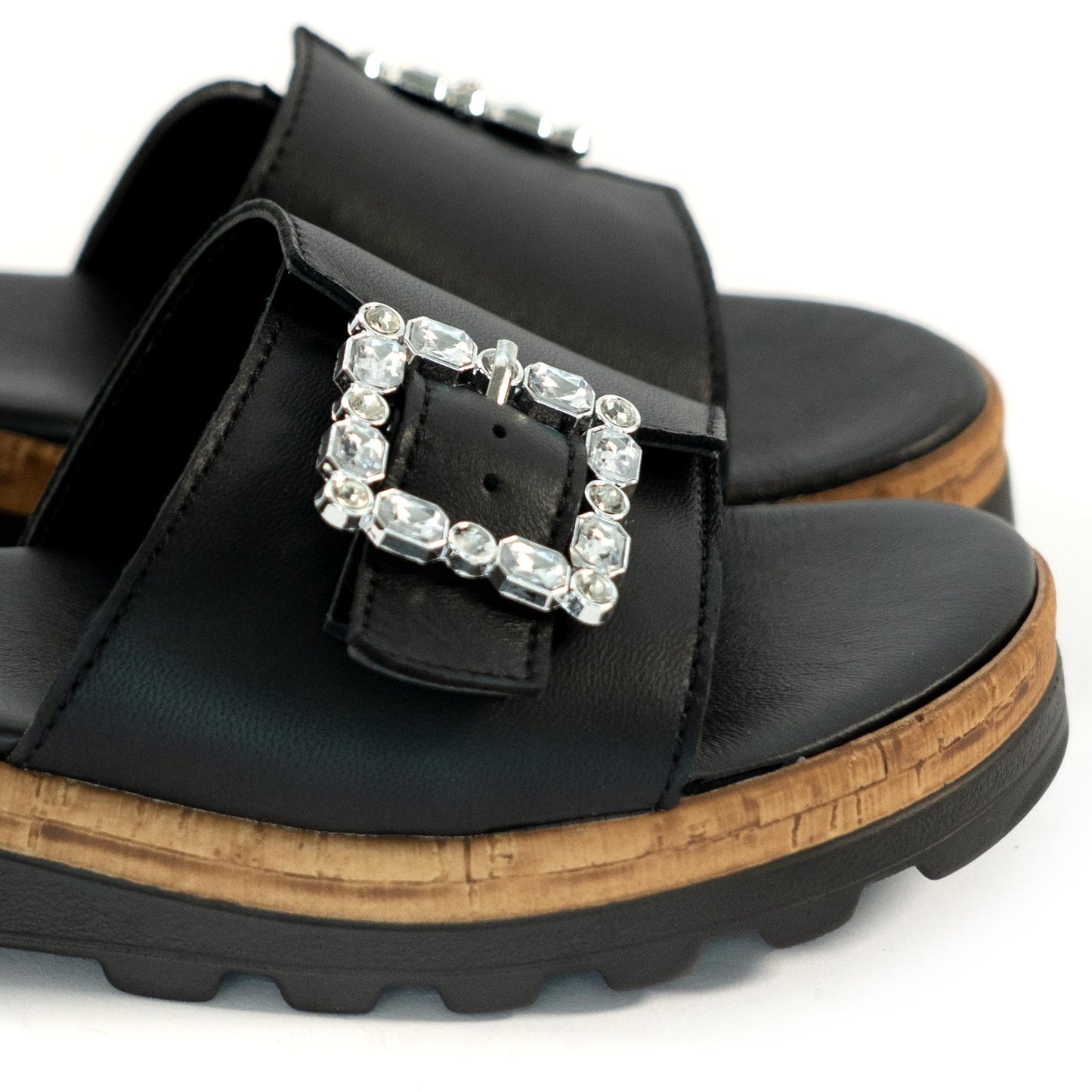 CIABATTA FIBBIA VERA PELLE NERO<BR/> 