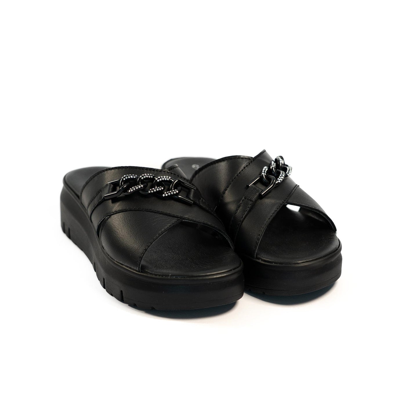 CIABATTA CATENA VERA PELLE NERO<BR/> 