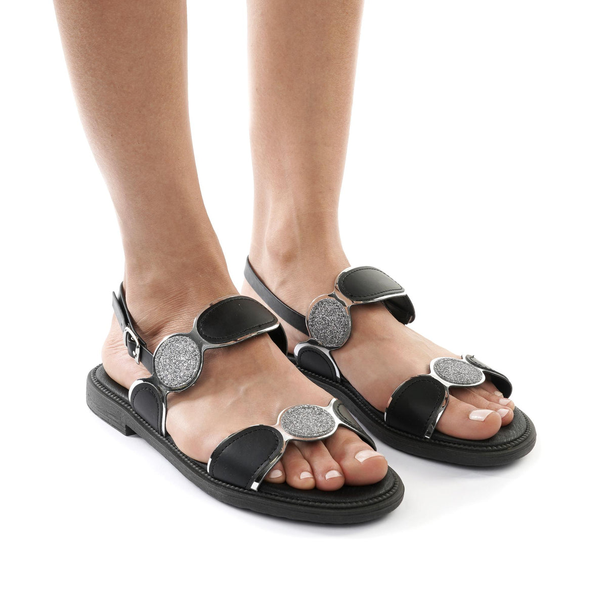 SANDALO FLAT A CERCHI NERO<BR/> 