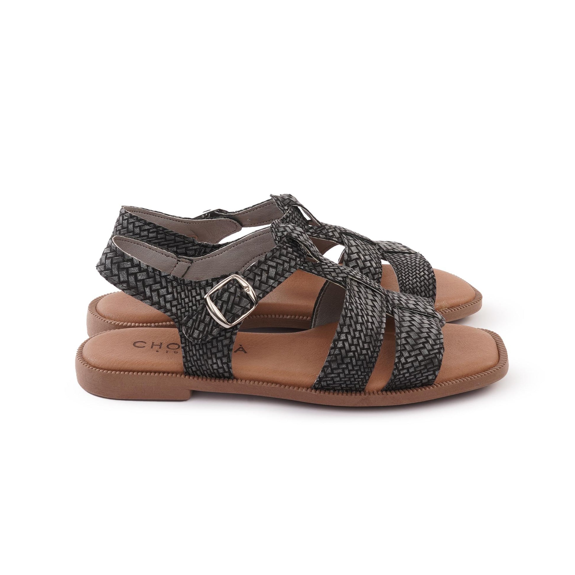 SANDALO FLAT T-BAR INTRECCIATO NERO<BR/><BR/> 