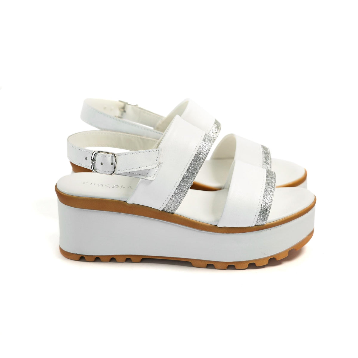SANDALO DOPPIA FASCIA VERA PELLE SILVER BIANCO<BR/> 