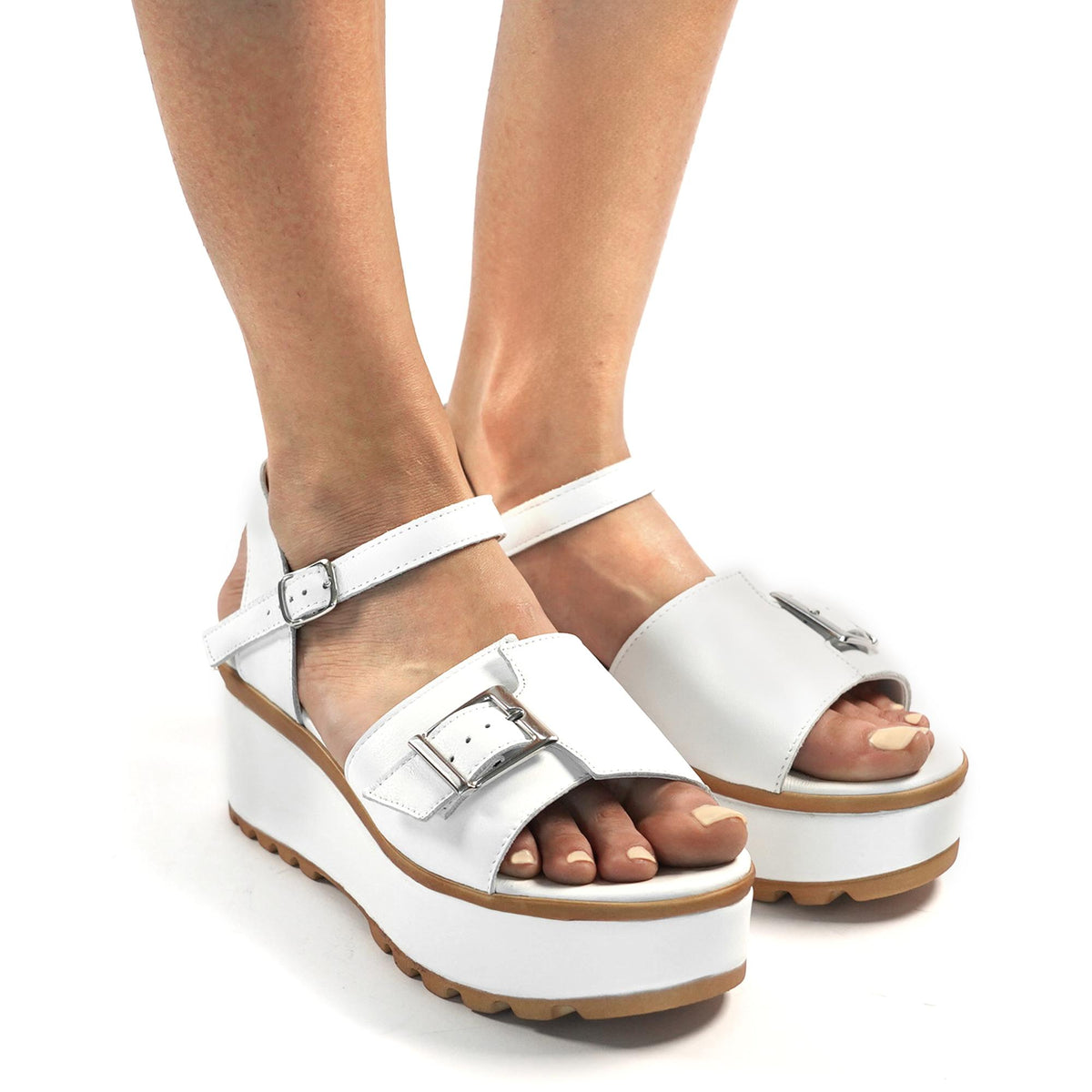 SANDALO FIBBIA VERA PELLE BIANCO<BR/> 