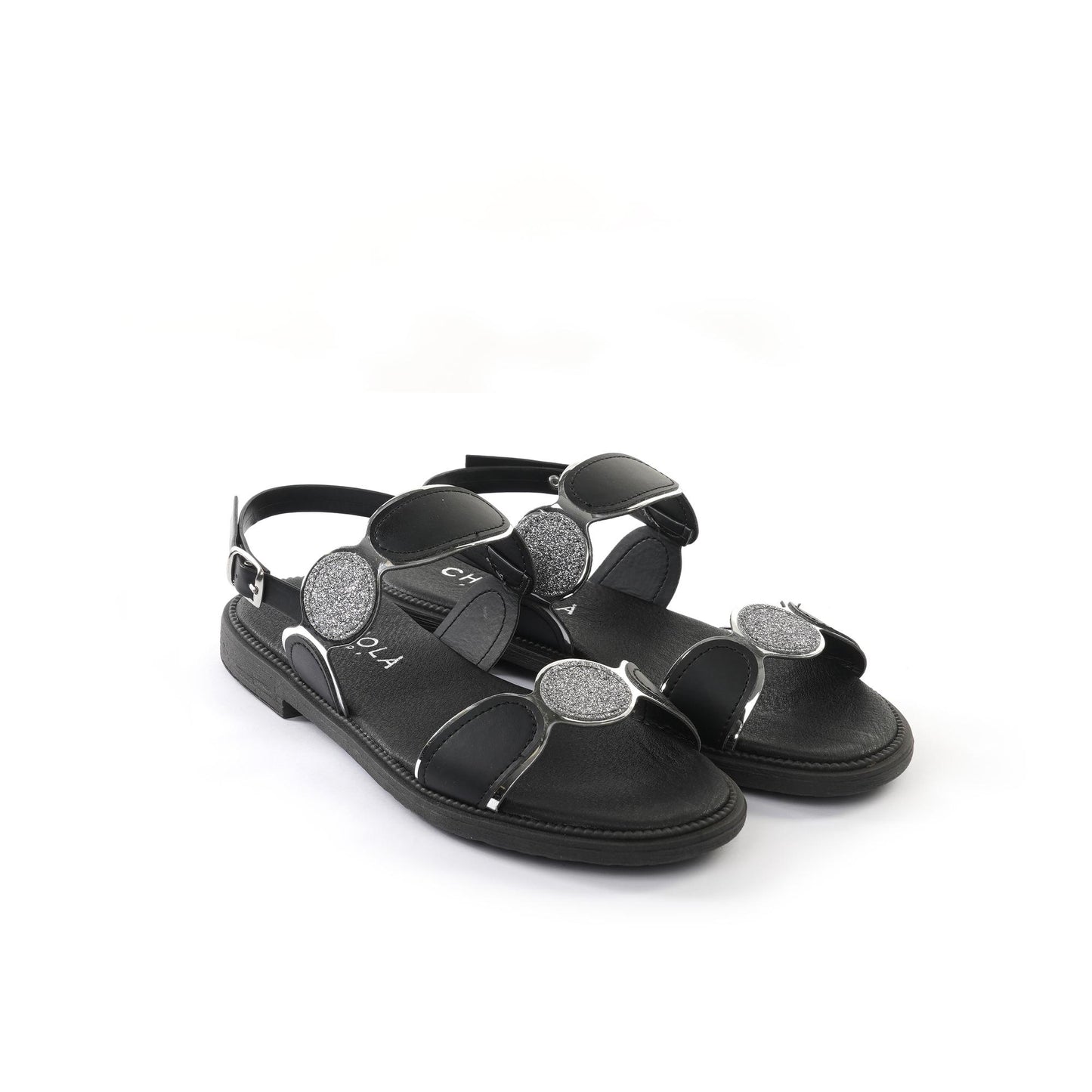 SANDALO FLAT A CERCHI NERO<BR/> 