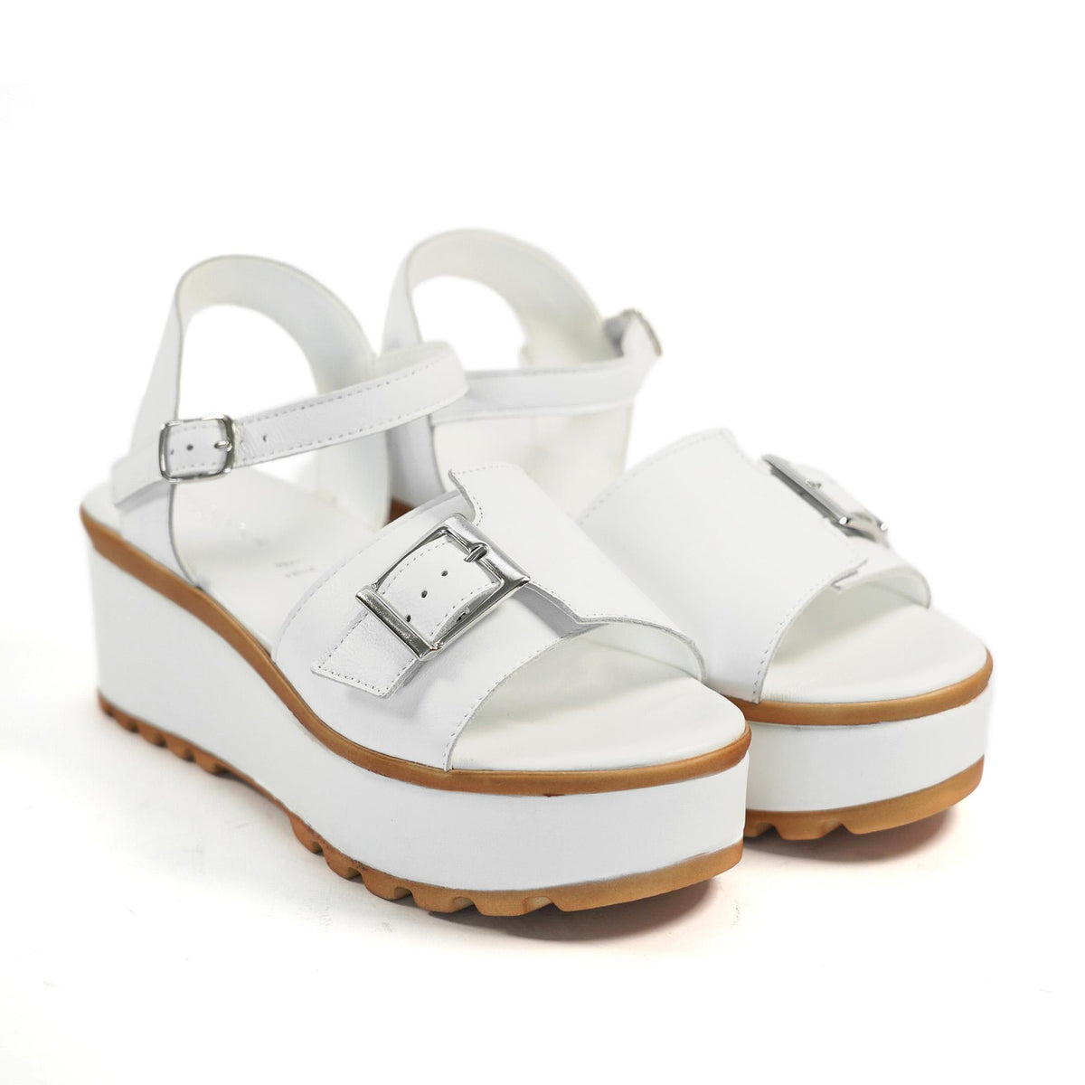 SANDALO FIBBIA VERA PELLE BIANCO<BR/> 