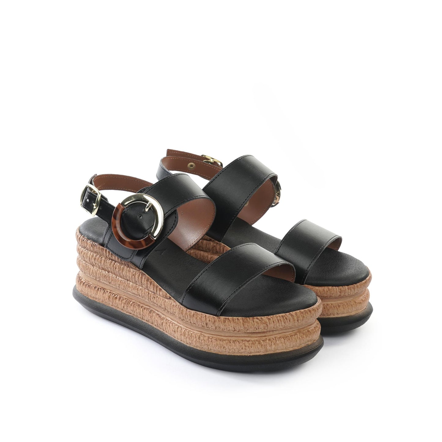 SANDALO PLATFORM DOPPIA FASCIA FIBBIA NERO<BR/> 