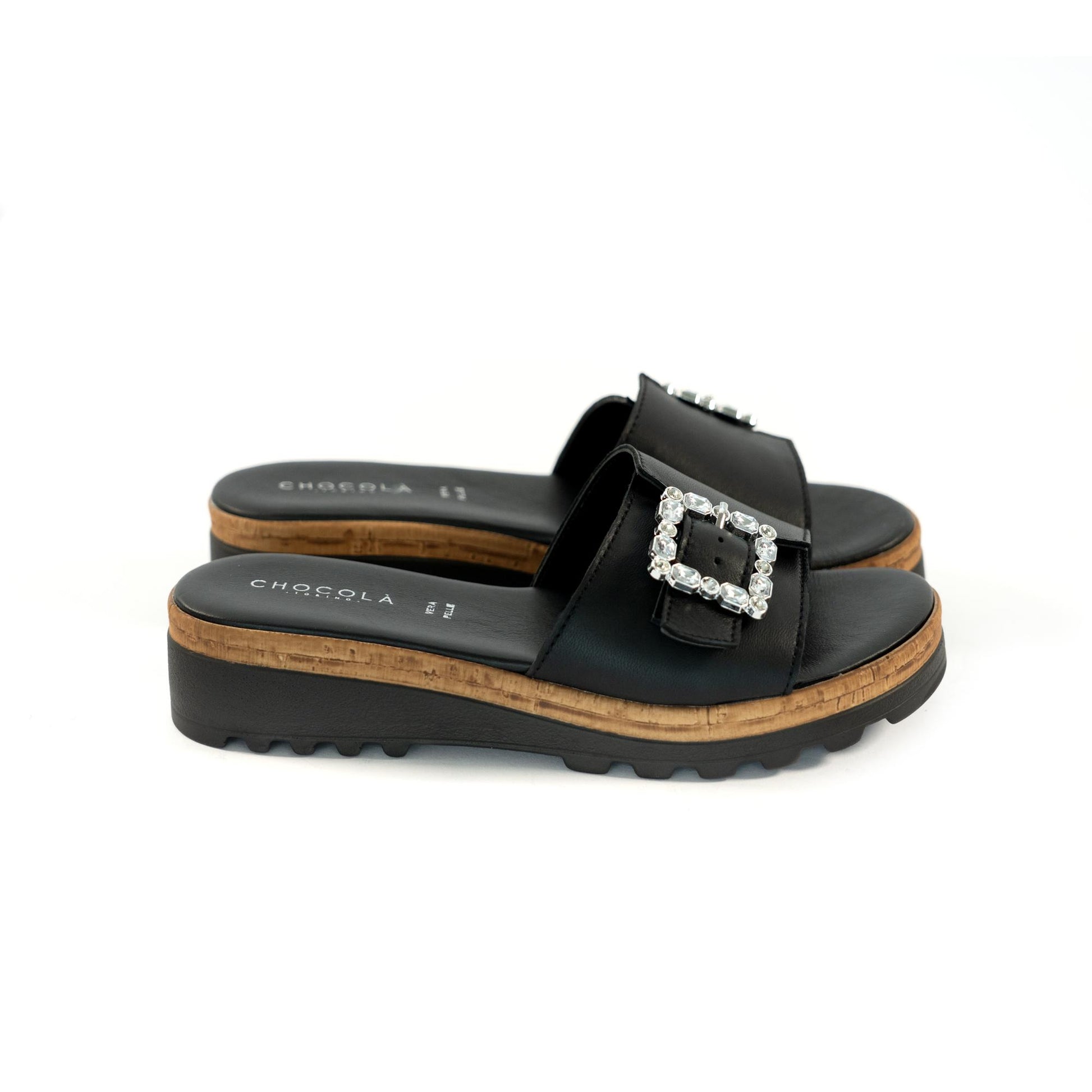 CIABATTA FIBBIA VERA PELLE NERO<BR/> 