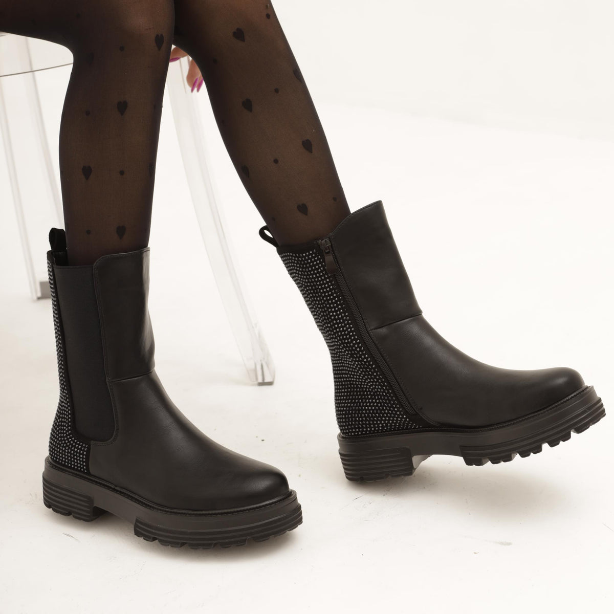 STIVALETTO ELASTICI STRASS NERO 