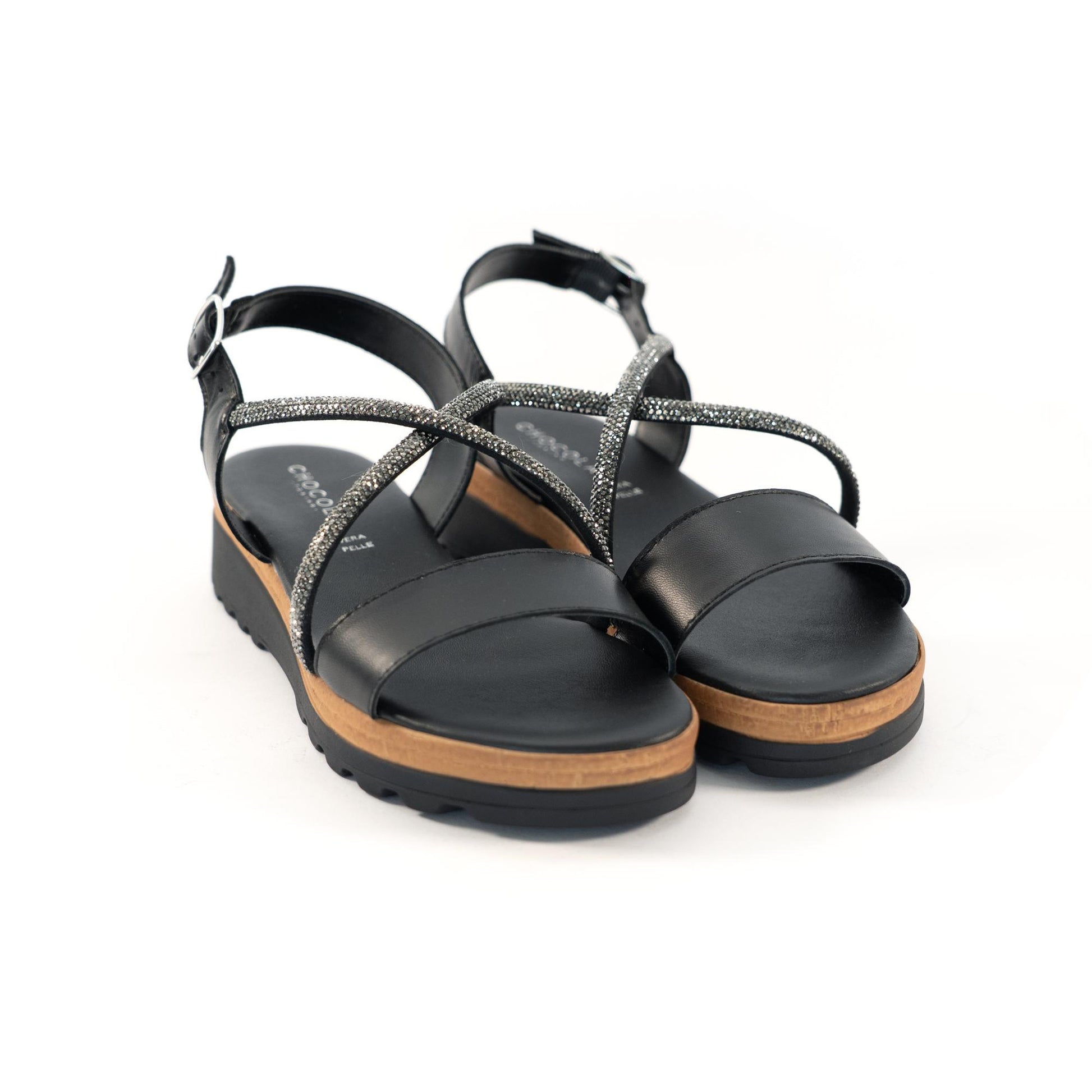 SANDALO BRILLANTINI VERA PELLE NERO<BR/> 