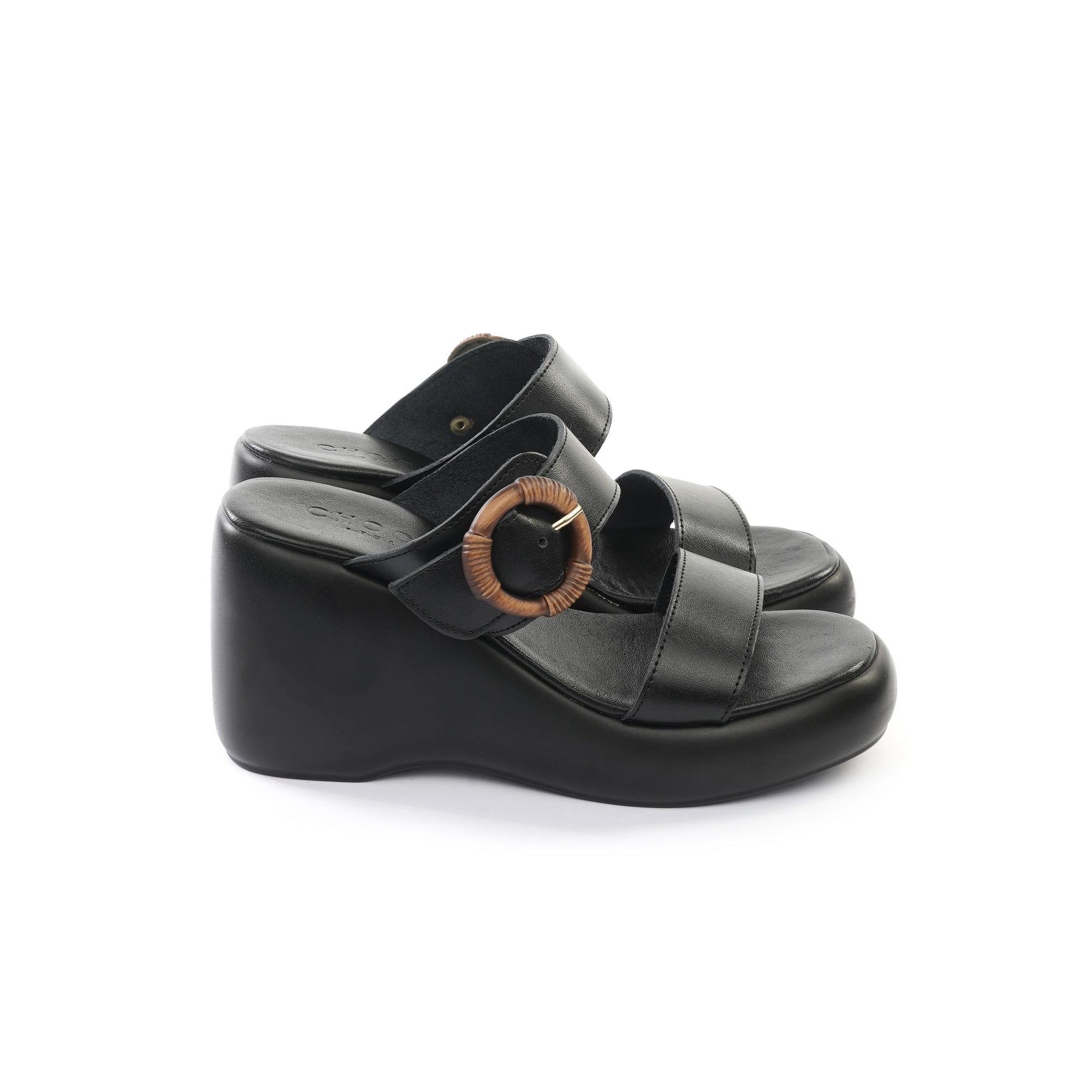 SANDALO ZEPPA DOPPIA FASCIA VERA PELLE NERO<BR/> 