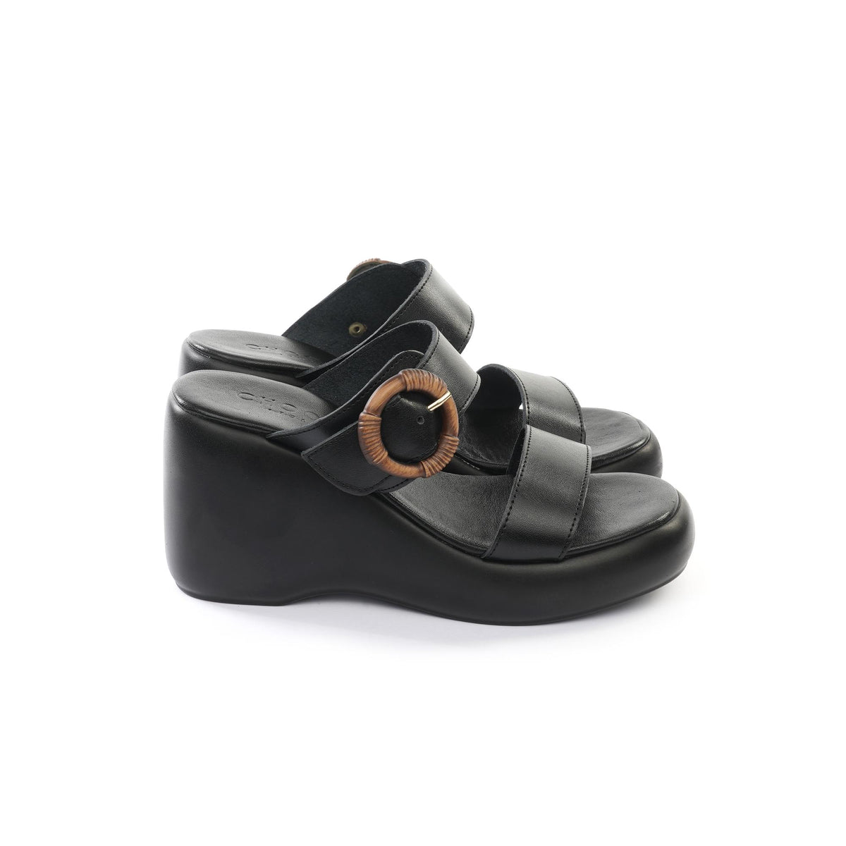 SANDALO ZEPPA DOPPIA FASCIA VERA PELLE NERO<BR/> 