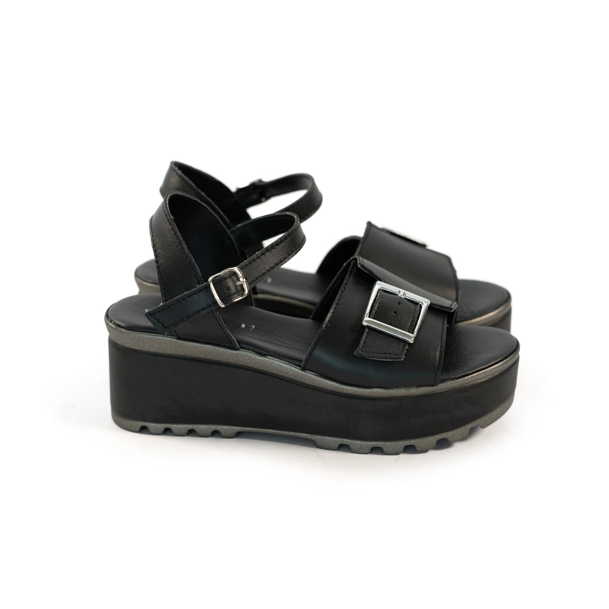 SANDALO FIBBIA VERA PELLE NERO<BR/> 