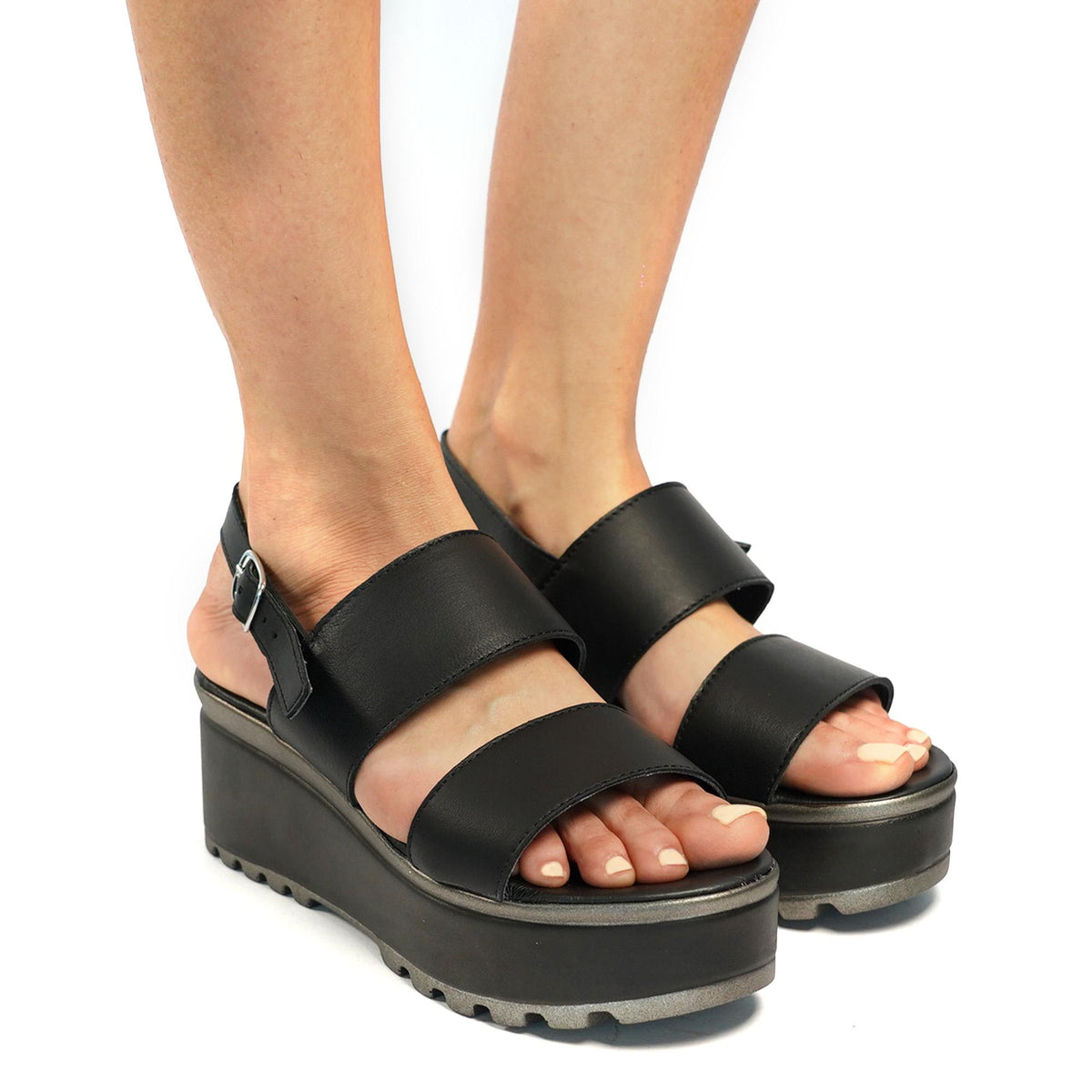 SANDALO DOPPIA FASCIA VERA PELLE NERO<BR/> 