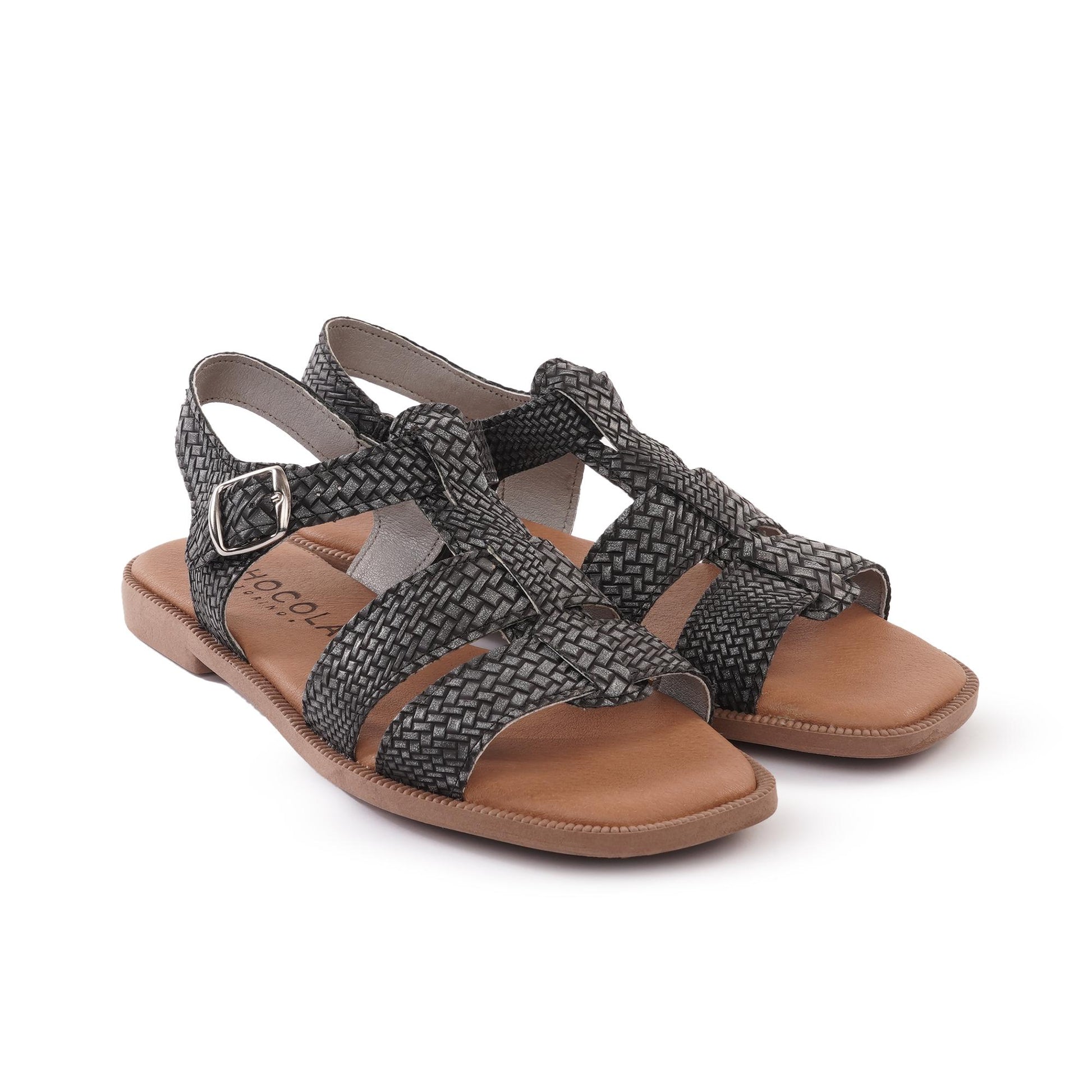 SANDALO FLAT T-BAR INTRECCIATO NERO<BR/><BR/> 