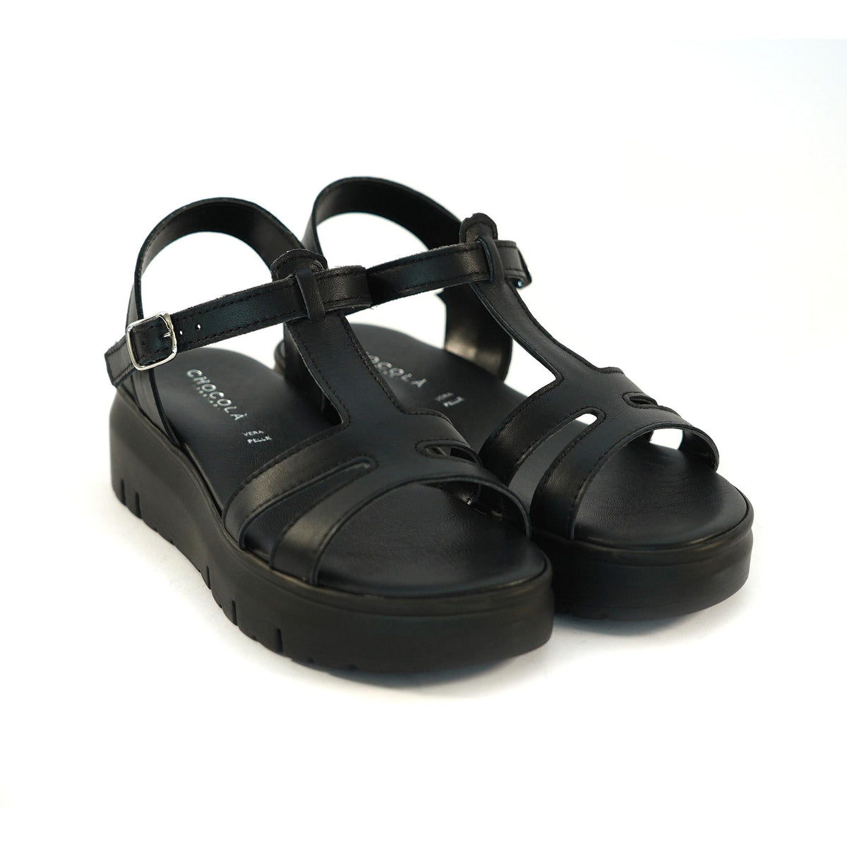 SANDALO T-BAR VERA PELLE NERO<BR/> 