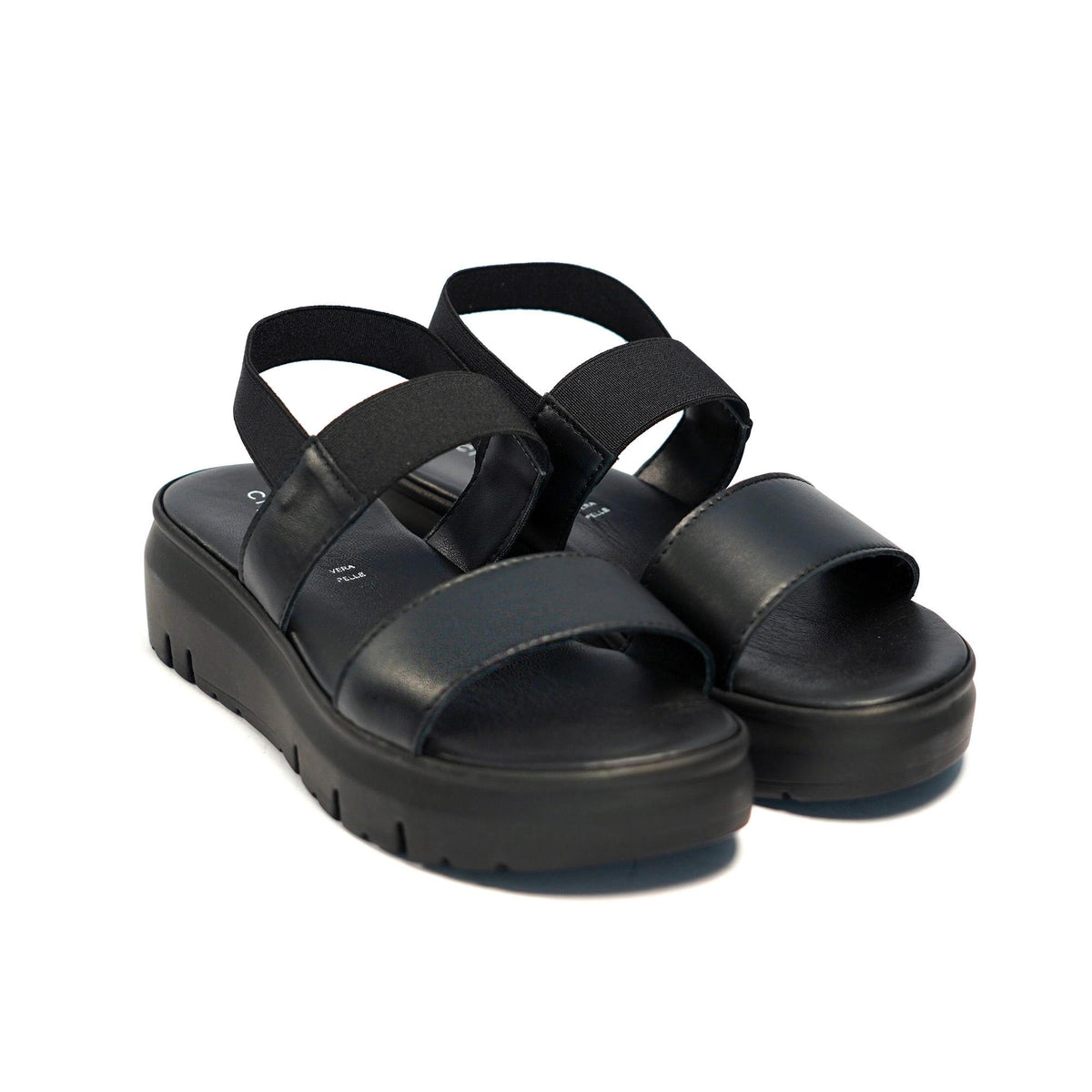 SANDALO DOPPIA FASCIA VERA PELLE NERO<BR/> 