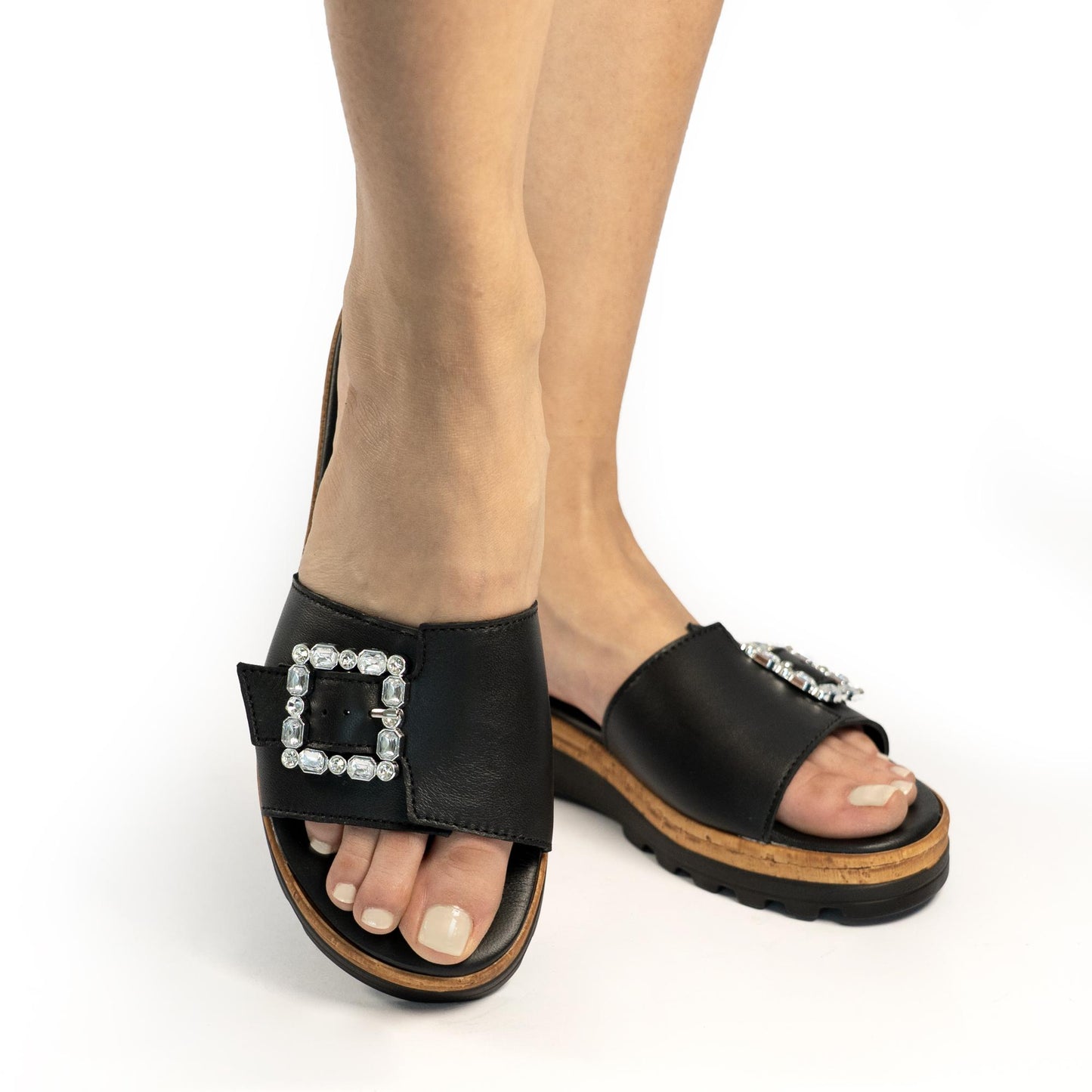 CIABATTA FIBBIA VERA PELLE NERO<BR/> 