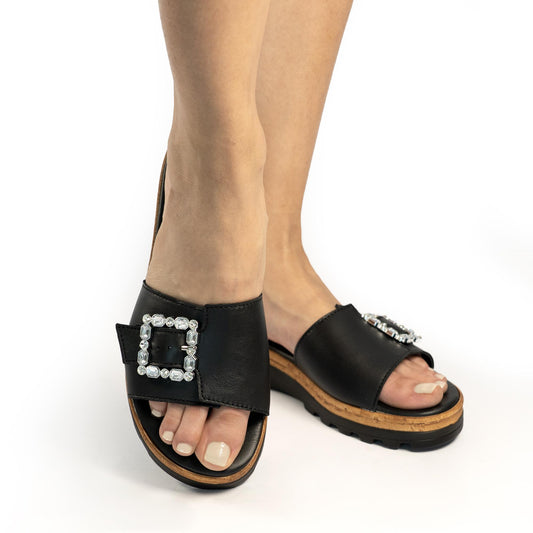 CIABATTA FIBBIA VERA PELLE NERO<BR/> 