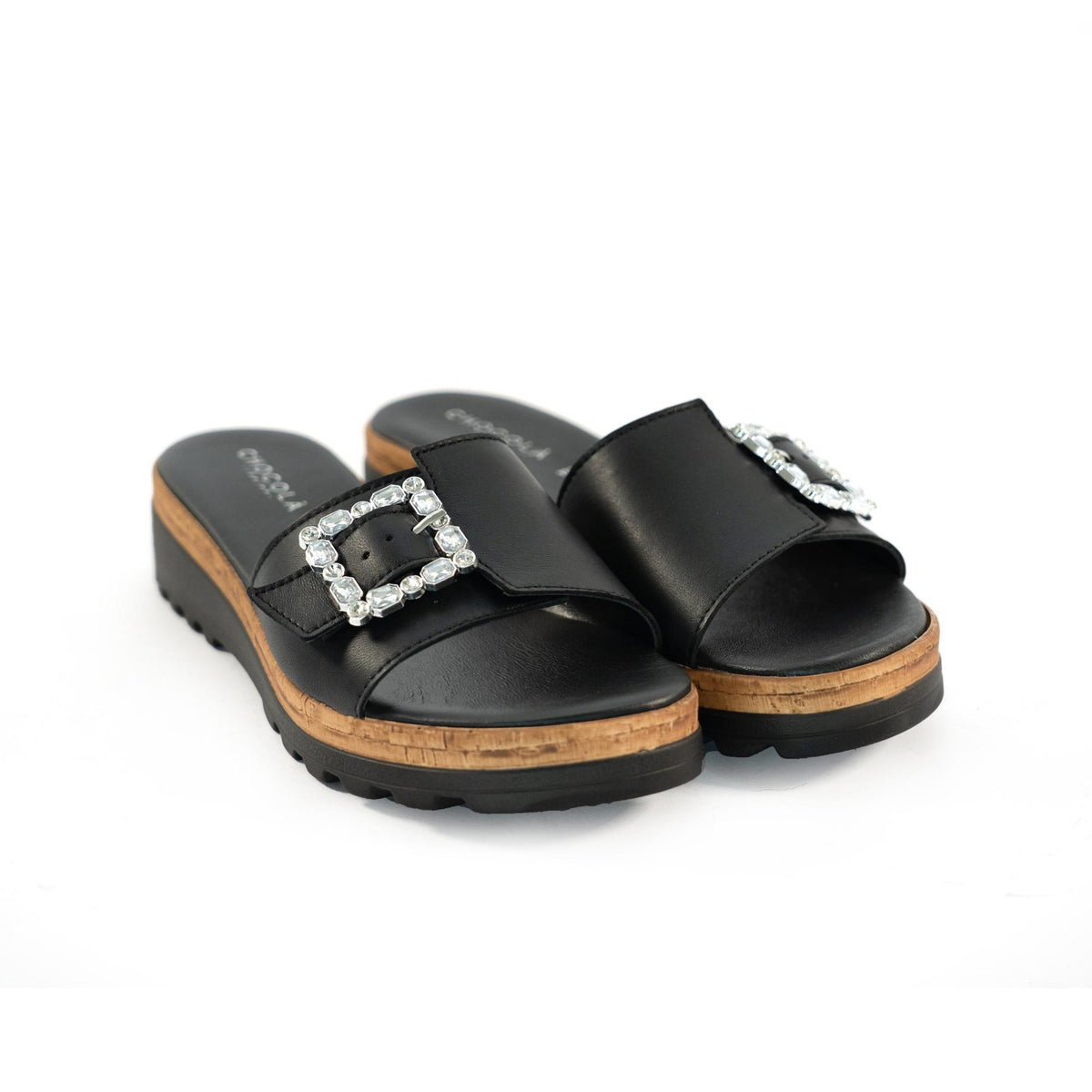 CIABATTA FIBBIA VERA PELLE NERO<BR/> 