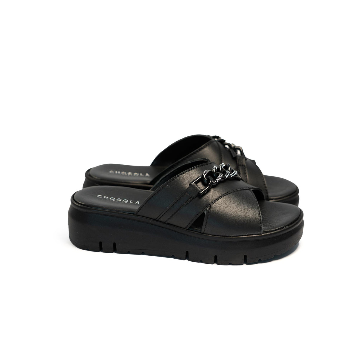 CIABATTA CATENA VERA PELLE NERO<BR/> 