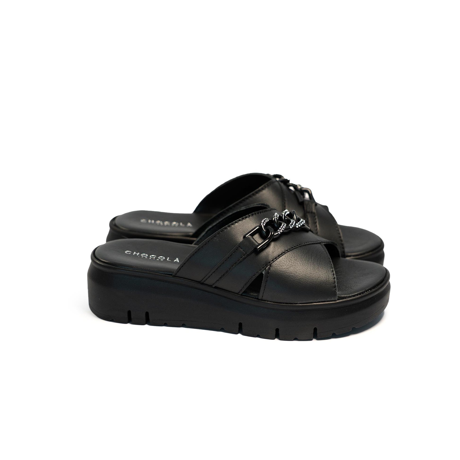 CIABATTA CATENA VERA PELLE NERO<BR/> 