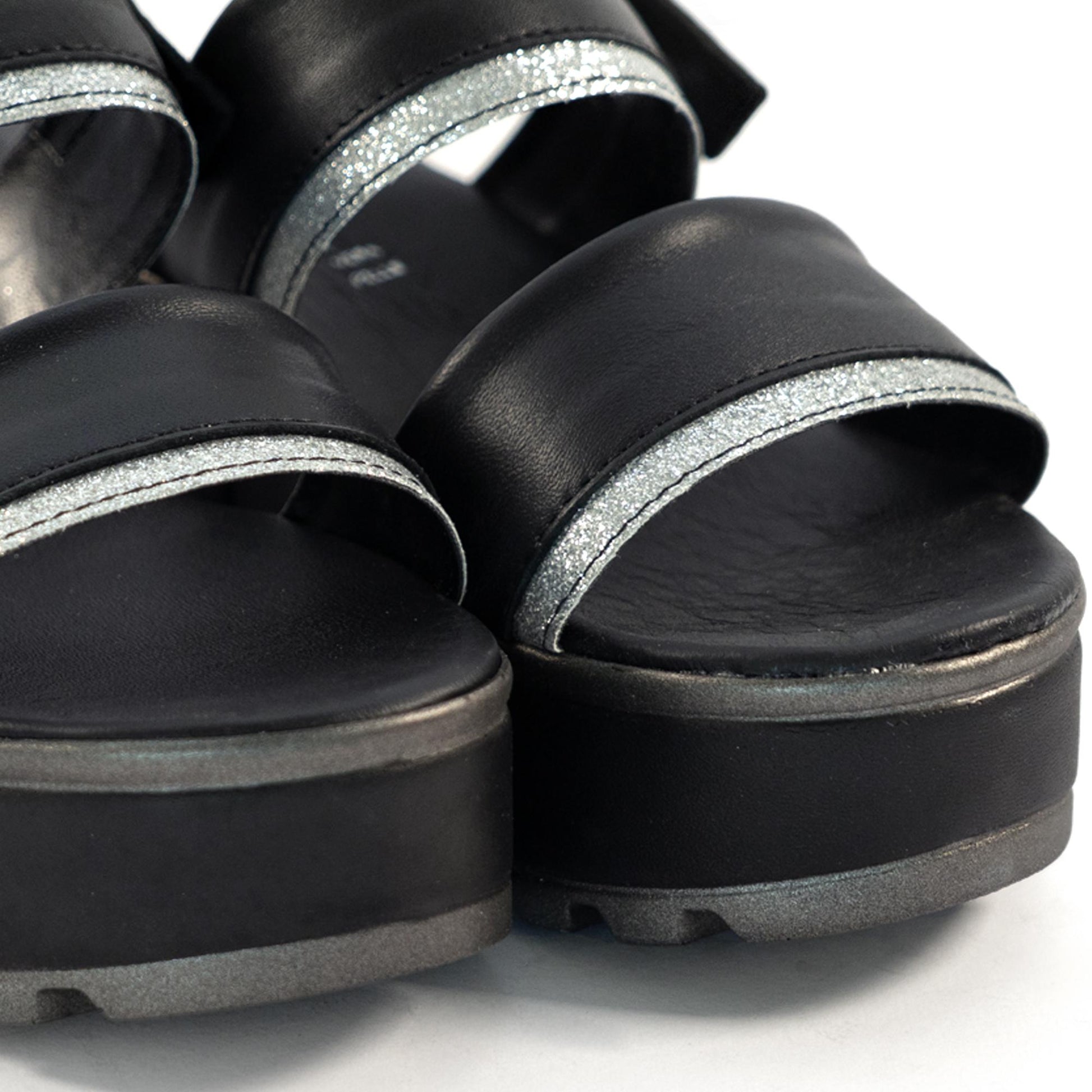 SANDALO DOPPIA FASCIA VERA PELLE SILVER NERO<BR/> 