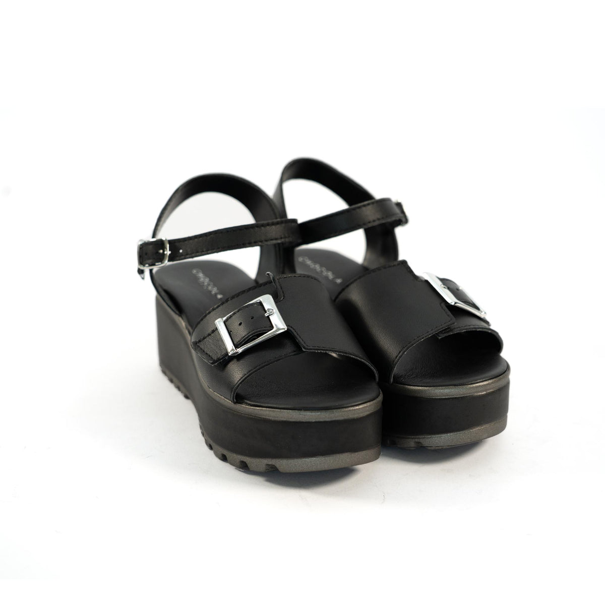 SANDALO FIBBIA VERA PELLE NERO<BR/> 