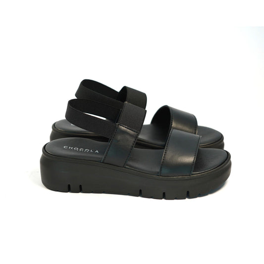 SANDALO DOPPIA FASCIA VERA PELLE NERO<BR/> 