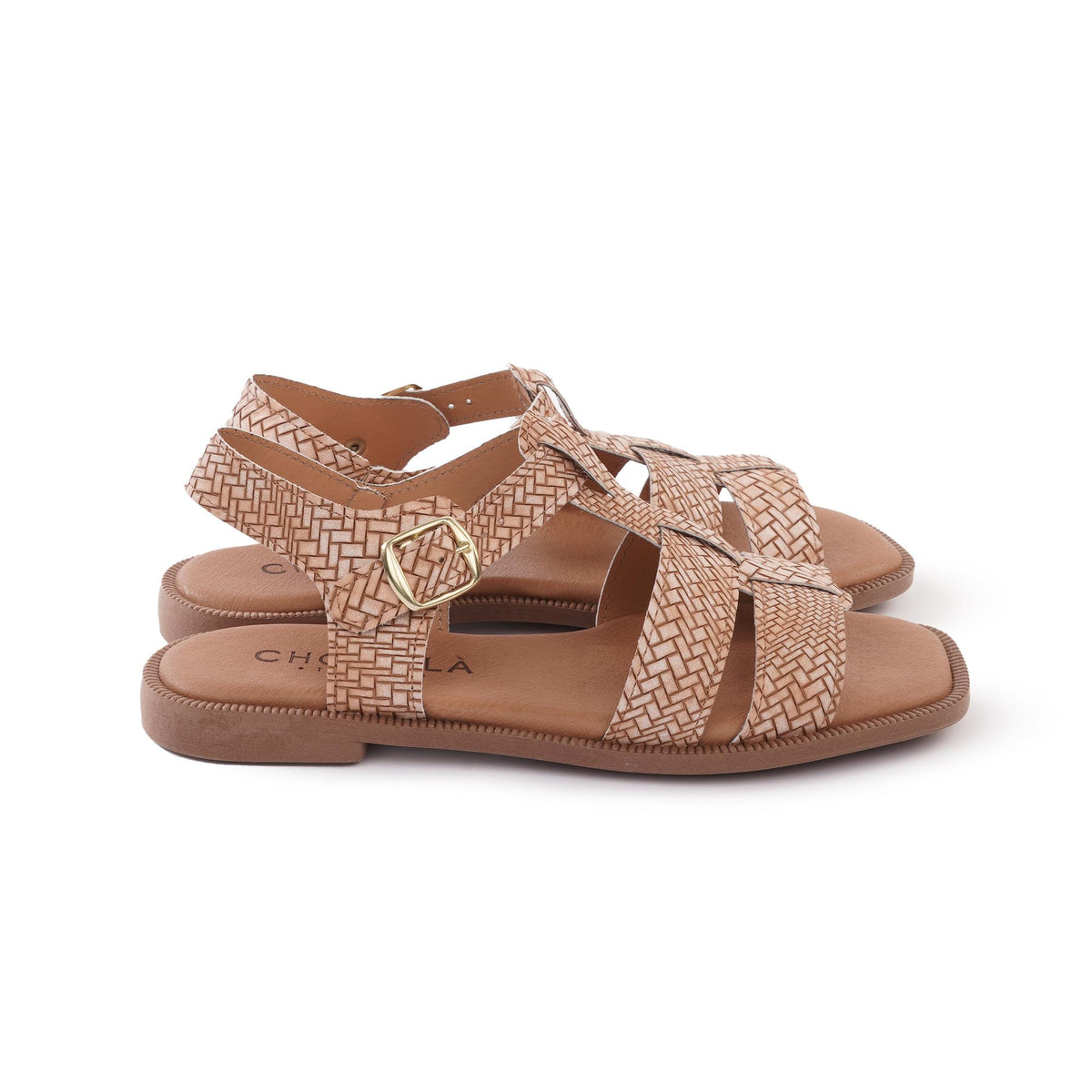 SANDALO FLAT T-BAR INTRECCIATO CUOIO<BR/> 