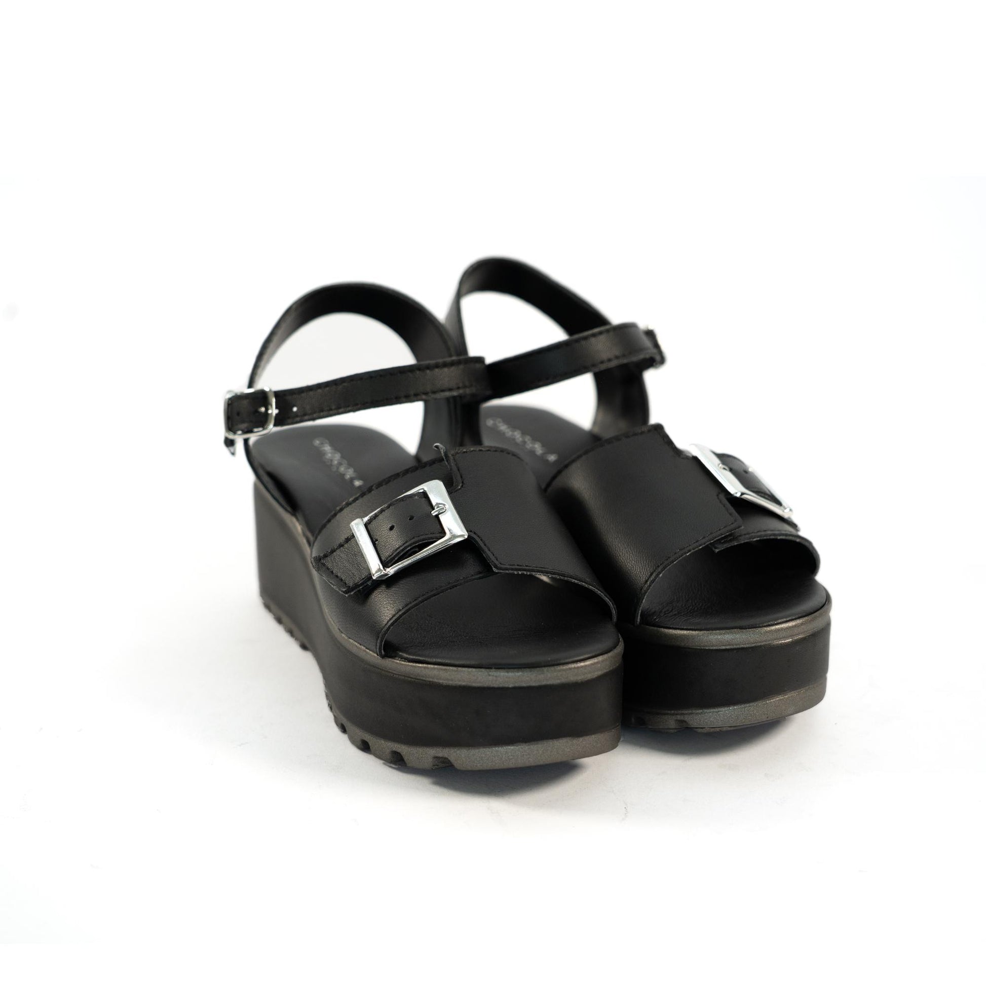 SANDALO FIBBIA VERA PELLE NERO<BR/> 