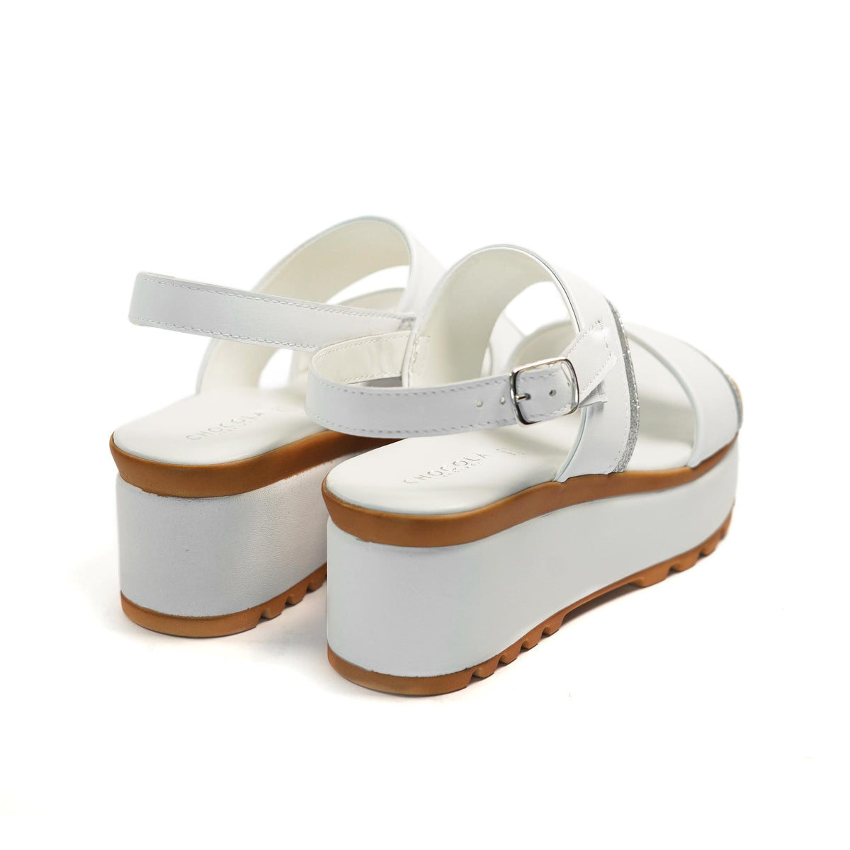 SANDALO DOPPIA FASCIA VERA PELLE SILVER BIANCO<BR/> 