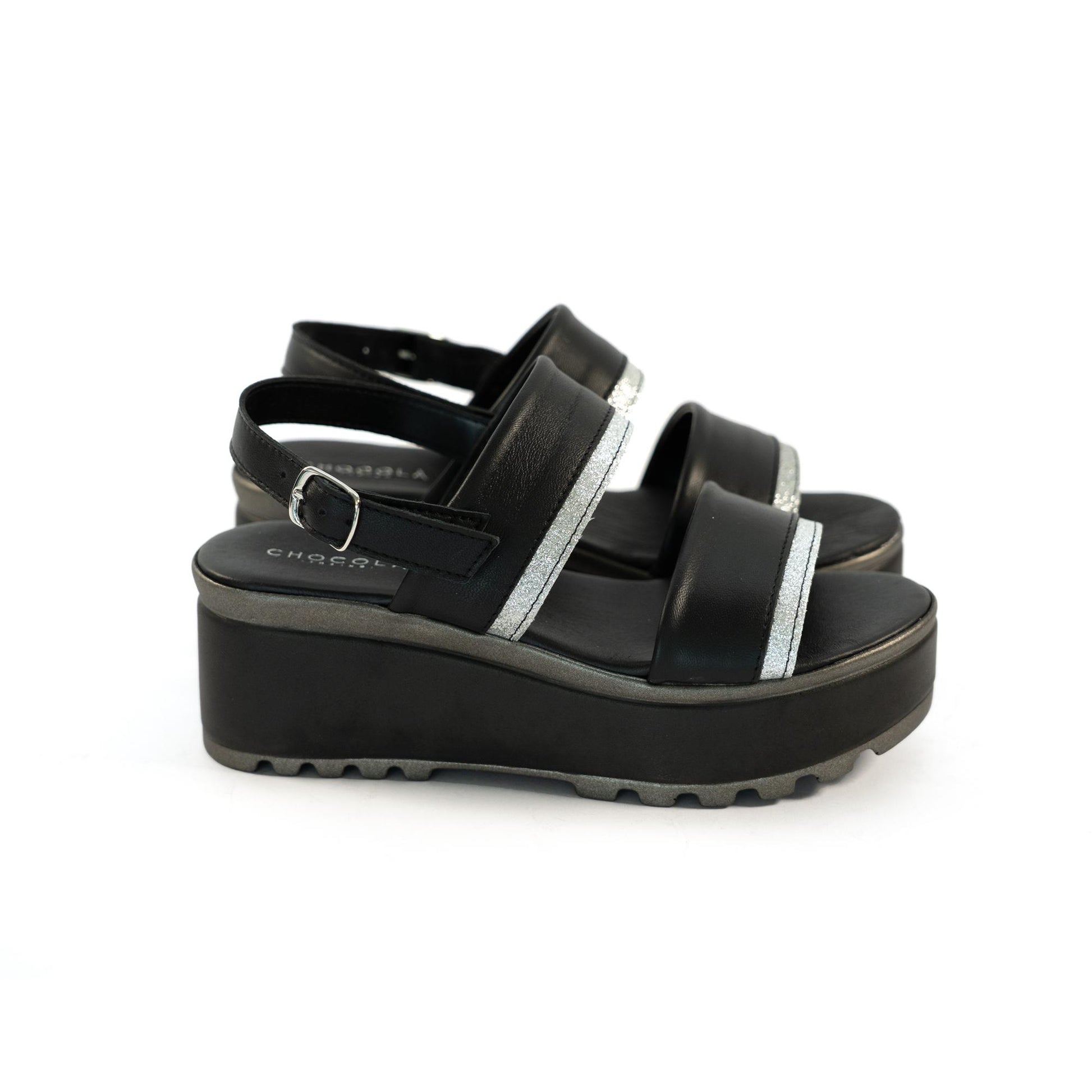 SANDALO DOPPIA FASCIA VERA PELLE SILVER NERO<BR/> 