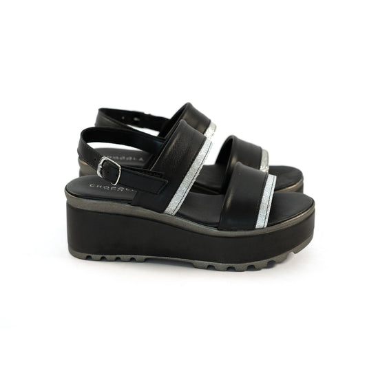 SANDALO DOPPIA FASCIA VERA PELLE SILVER NERO<BR/> 