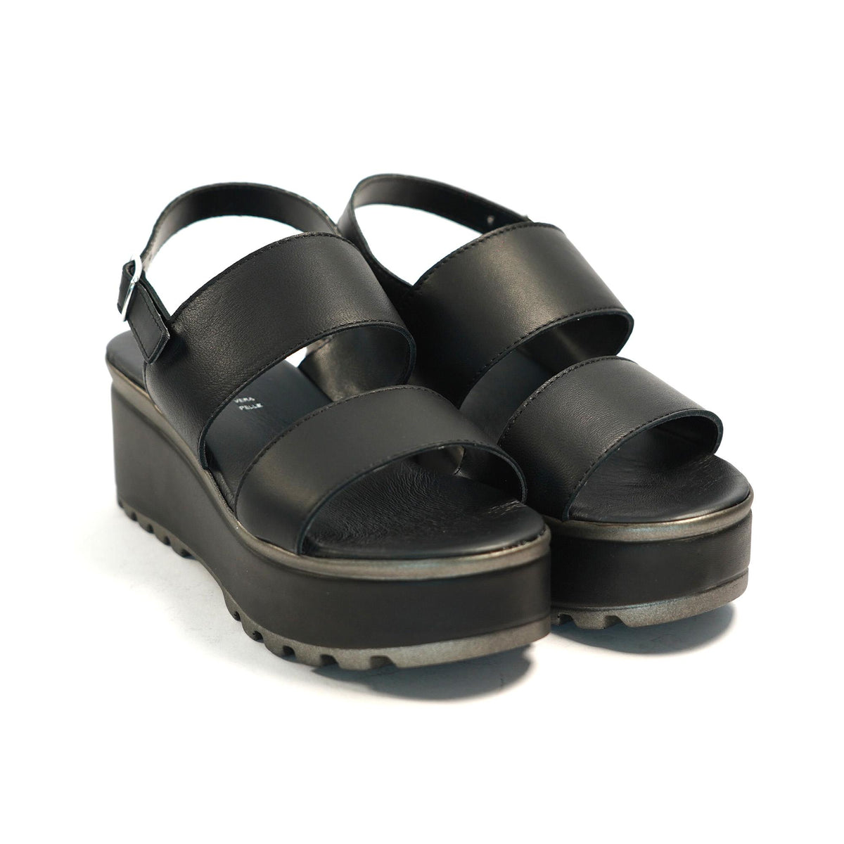 SANDALO DOPPIA FASCIA VERA PELLE NERO<BR/> 