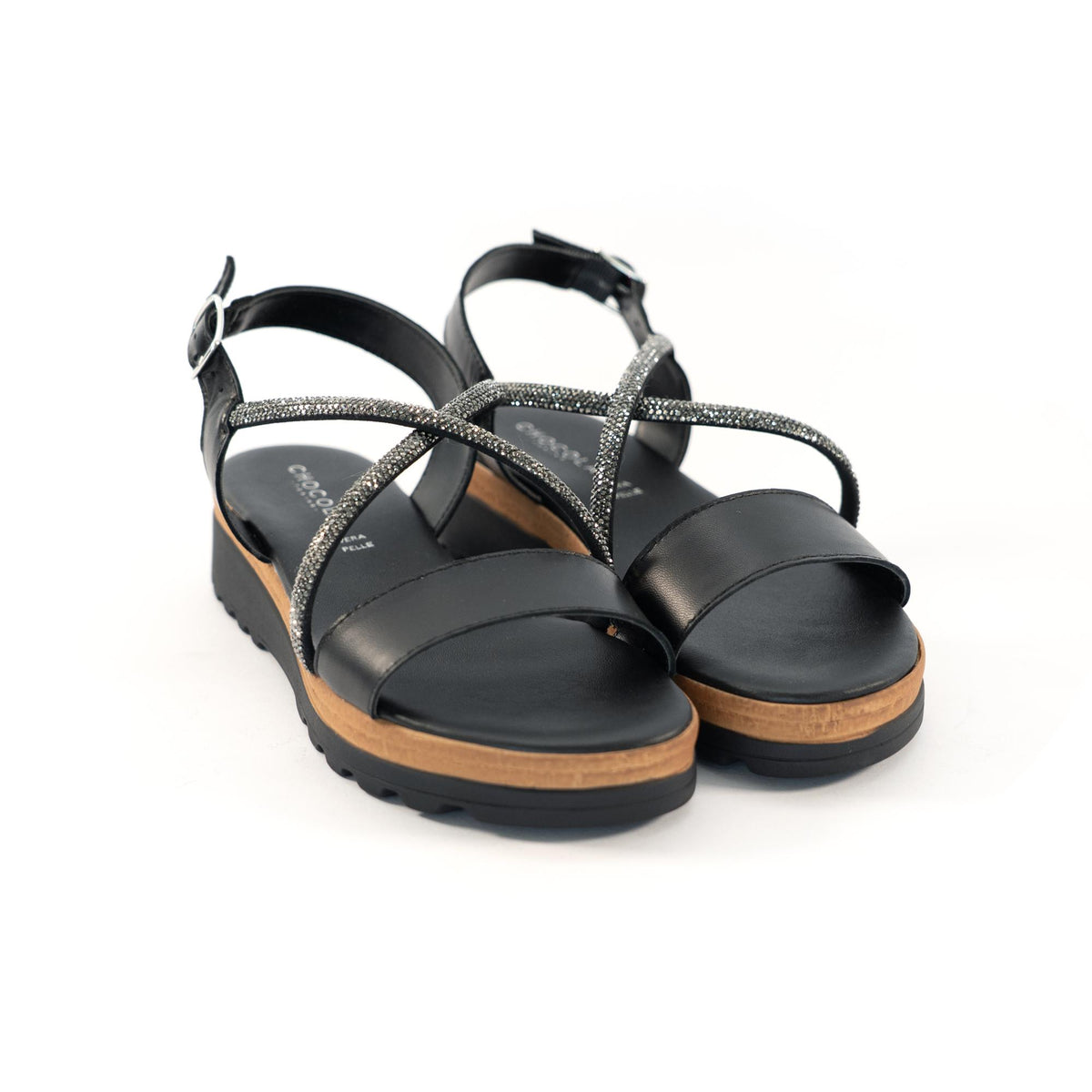 SANDALO BRILLANTINI VERA PELLE NERO<BR/> 