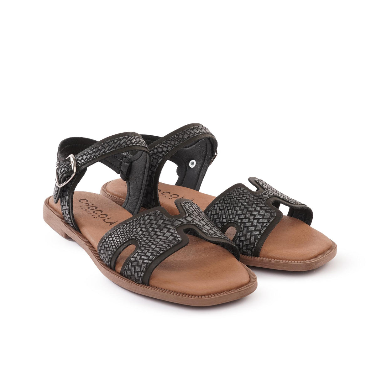 SANDALO H FLAT INTRECCIATO NERO<BR/> 