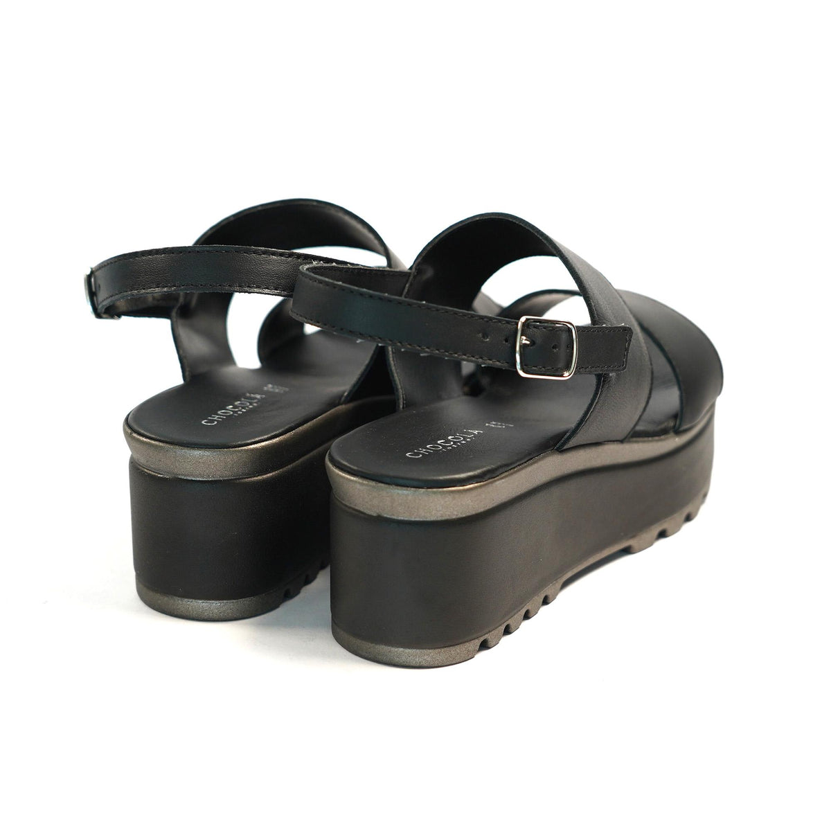SANDALO DOPPIA FASCIA VERA PELLE NERO<BR/> 