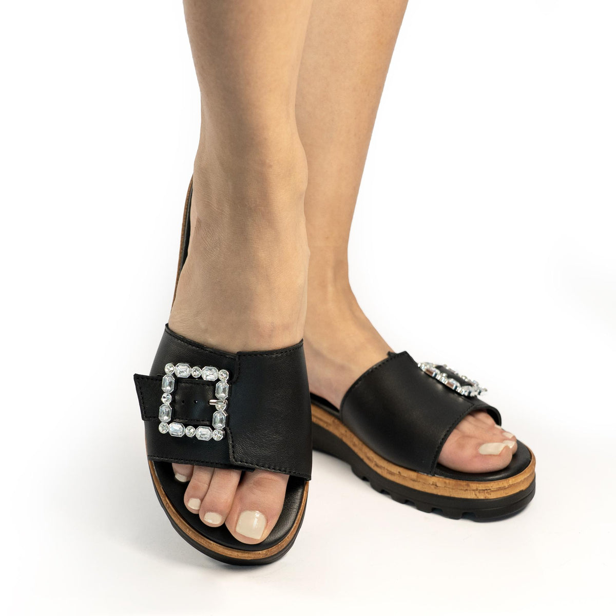 CIABATTA FIBBIA VERA PELLE NERO<BR/> 