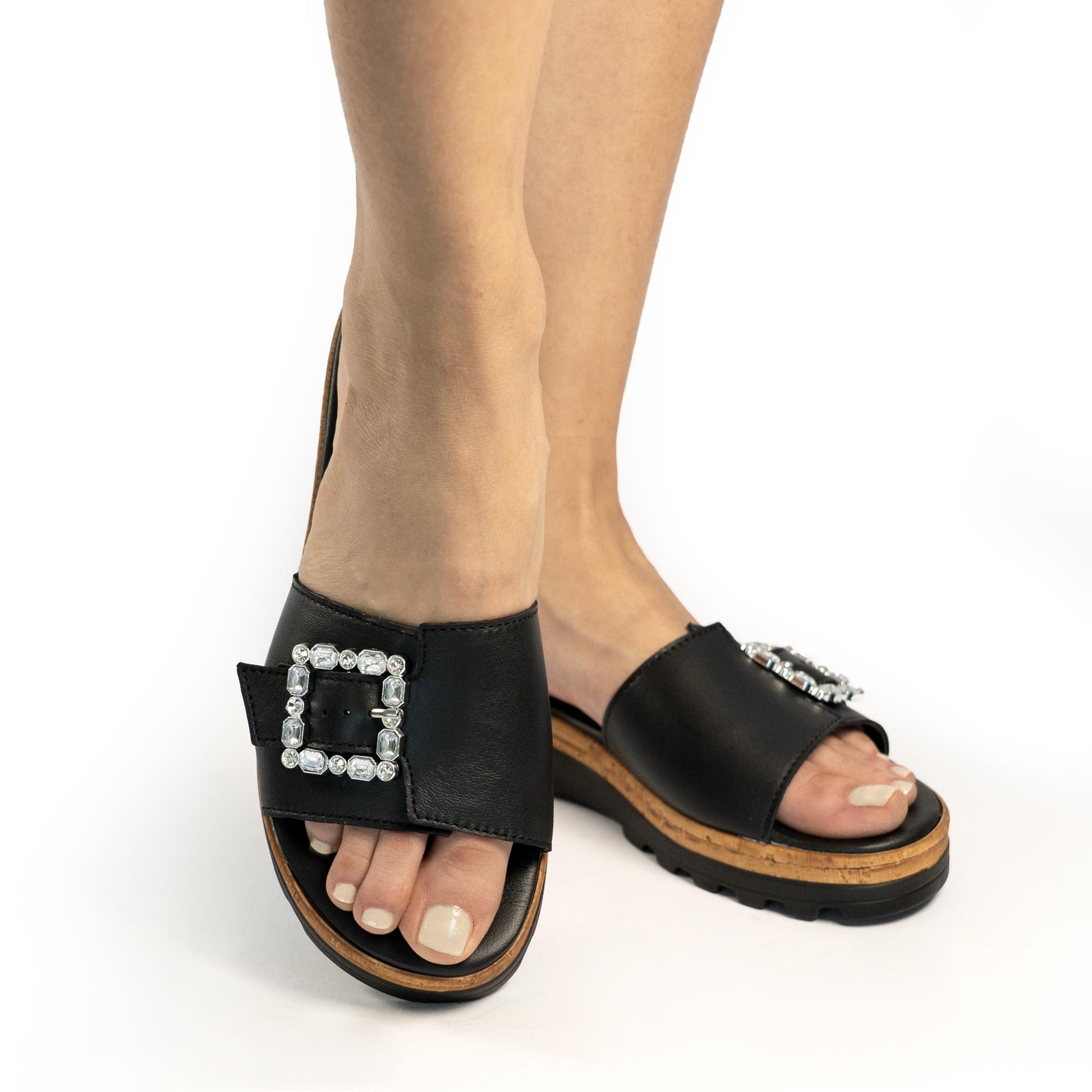 CIABATTA FIBBIA VERA PELLE NERO<BR/> 